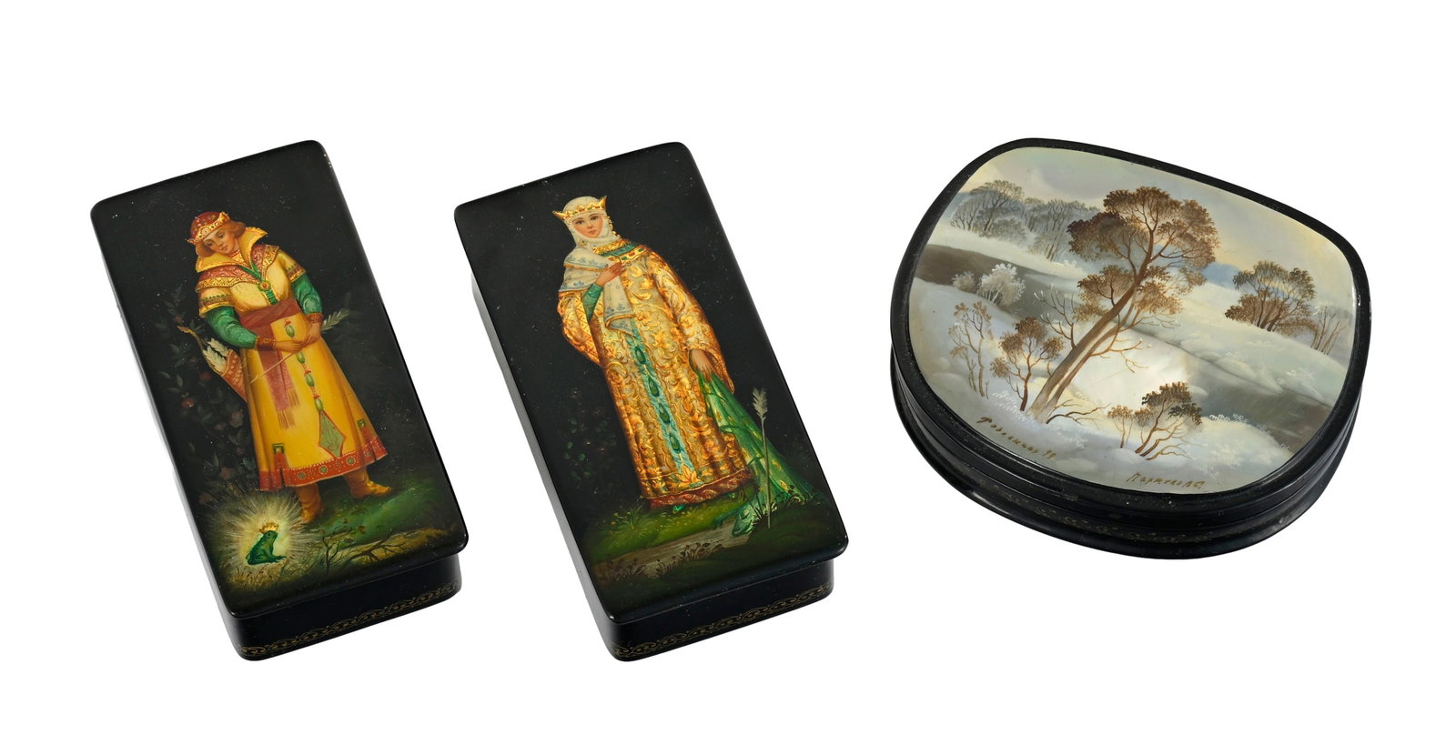 Ensemble de 3 boîtes en papier mâché laqué, école Fedoskino, Russie 1999-20 (1 of 7)