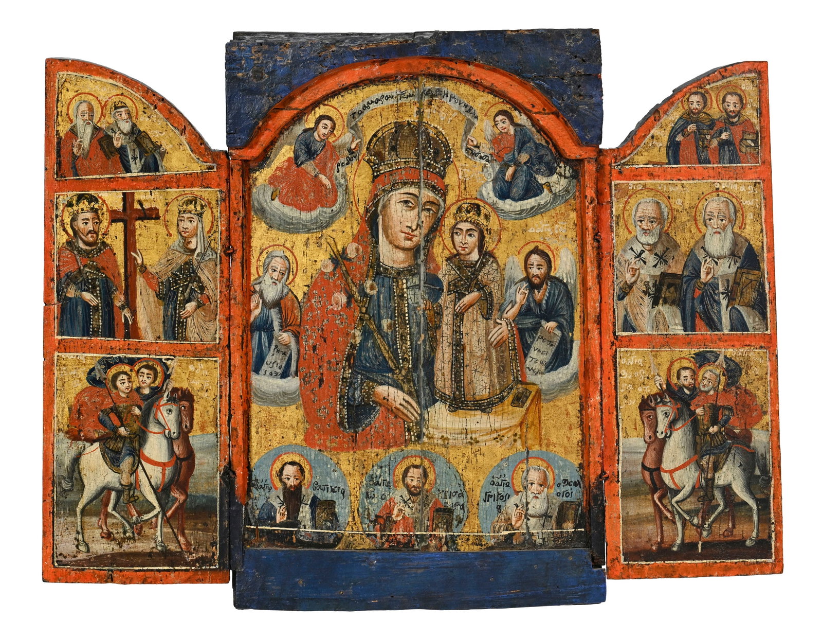 Théotokos de la rose éternelle, icône grecque triptyque, début XIXe s., les vant: Théotokos de la rose éternelle, icône grecque triptyque, début XIXe s., les vantaux peints de saints et d'archanges, fermé 38x26 cm Provenance : Famille Schlote,
