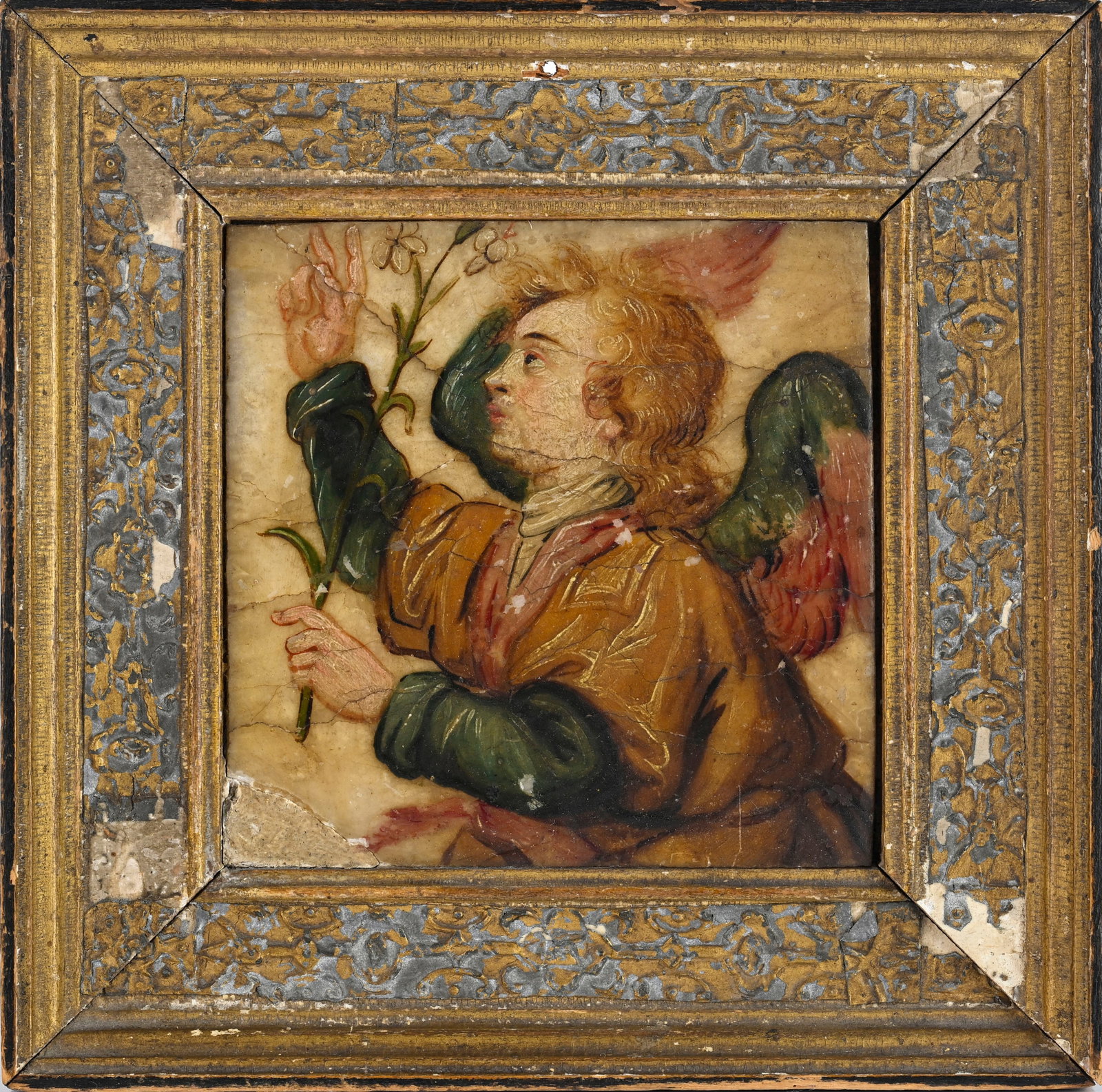 Ange à la rose, huile sur albâtre, Italie XVIIe s., de forme carré dans un cadre en b: Ange à la rose, huile sur albâtre, Italie XVIIe s., de forme carré dans un cadre en bois, 9x9 cm