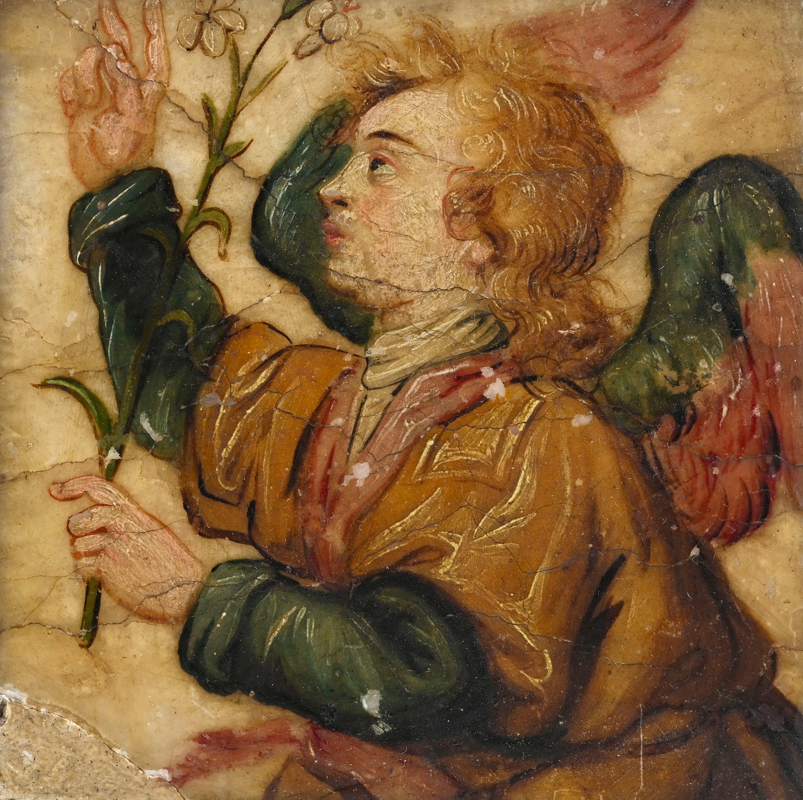 Ange à la rose, huile sur albâtre, Italie XVIIe s., de forme carré dans un cadre en b - 2