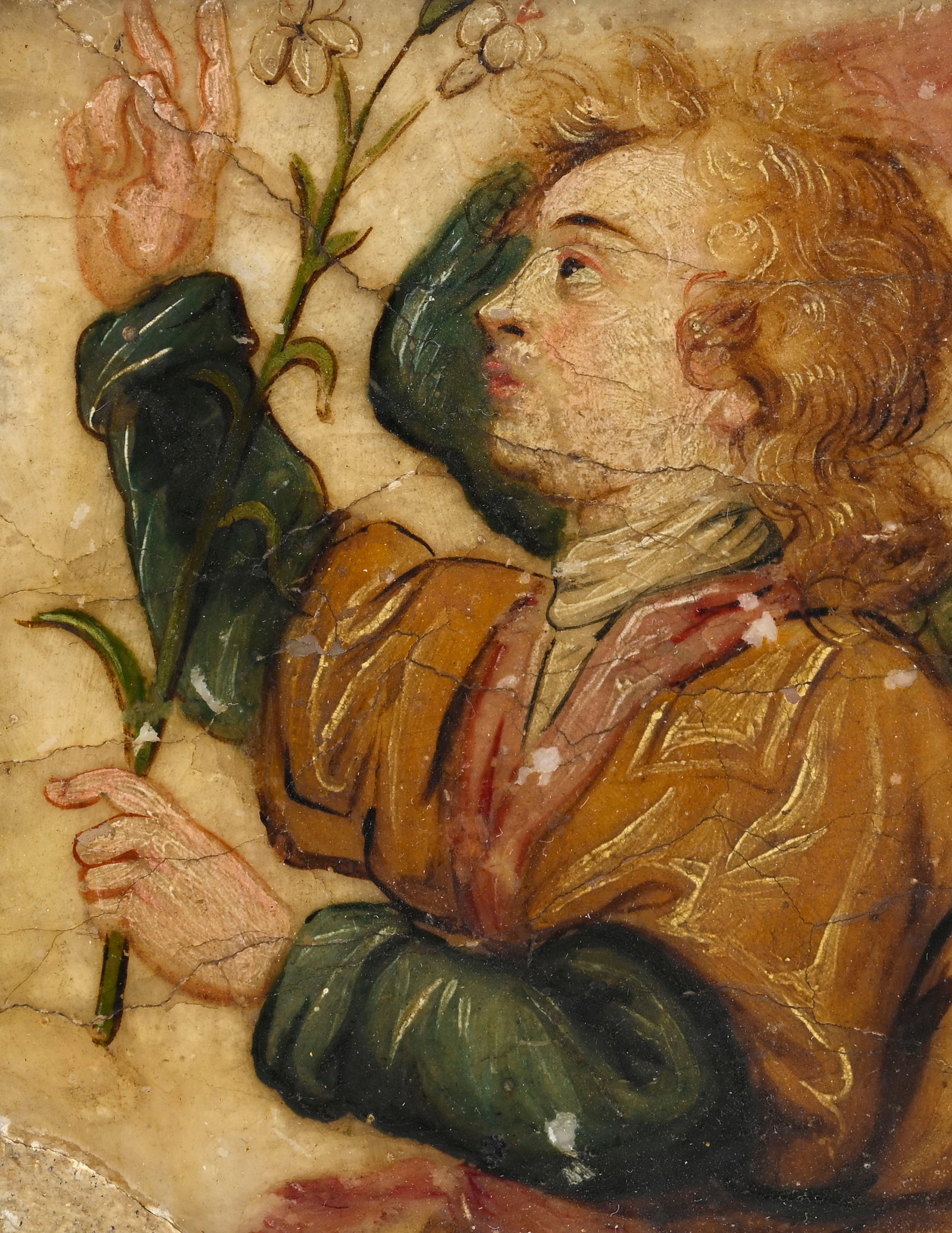 Ange à la rose, huile sur albâtre, Italie XVIIe s., de forme carré dans un cadre en b - 3