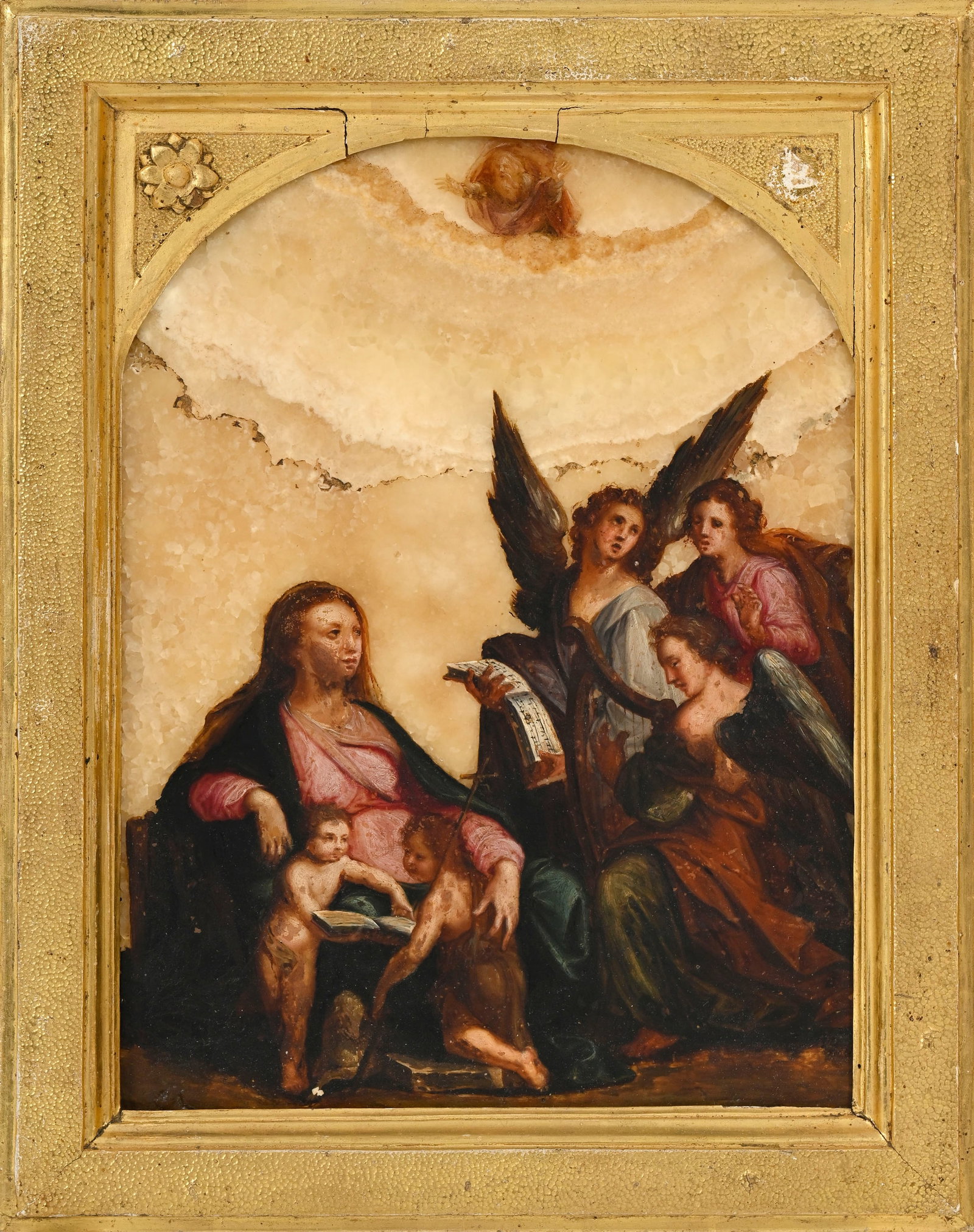 Veneration de la Vierge, huile sur albâtre en forme d'arche, école italienne, fin XVIIe s.: Veneration de la Vierge, huile sur albâtre en forme d'arche, école italienne, fin XVIIe s., représentant la vierge assise tenant Christ et accompagnée d'anges et l'enfant Saint