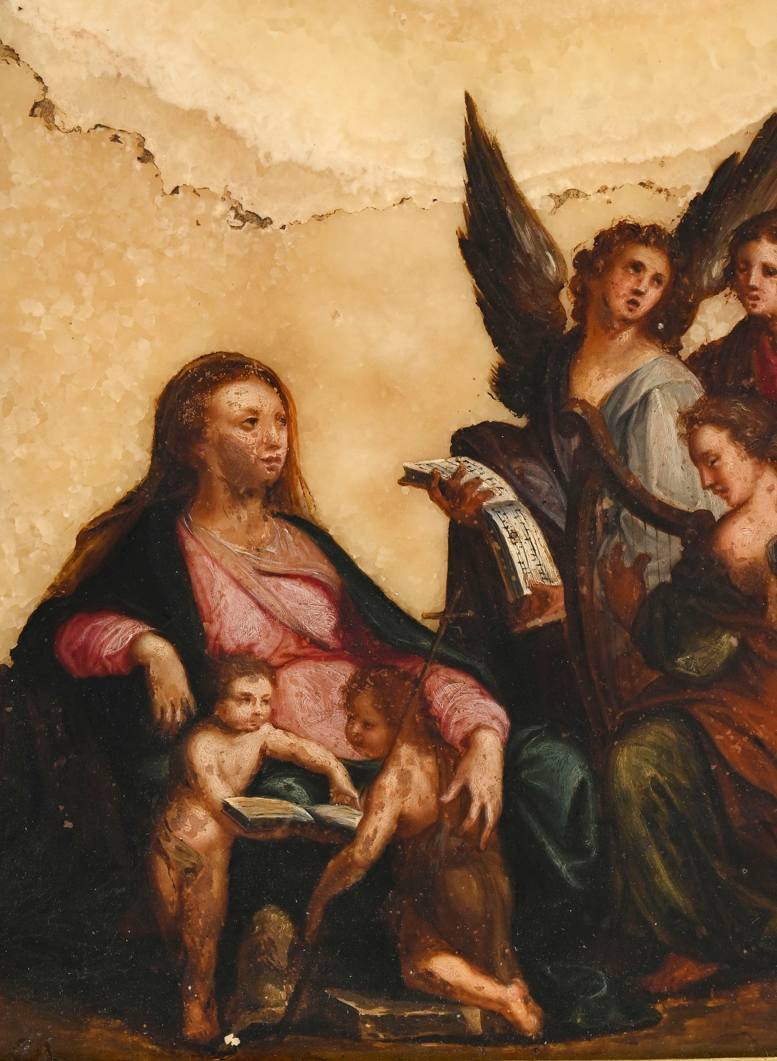Veneration de la Vierge, huile sur albâtre en forme d'arche, école italienne, fin XVIIe s. - 2