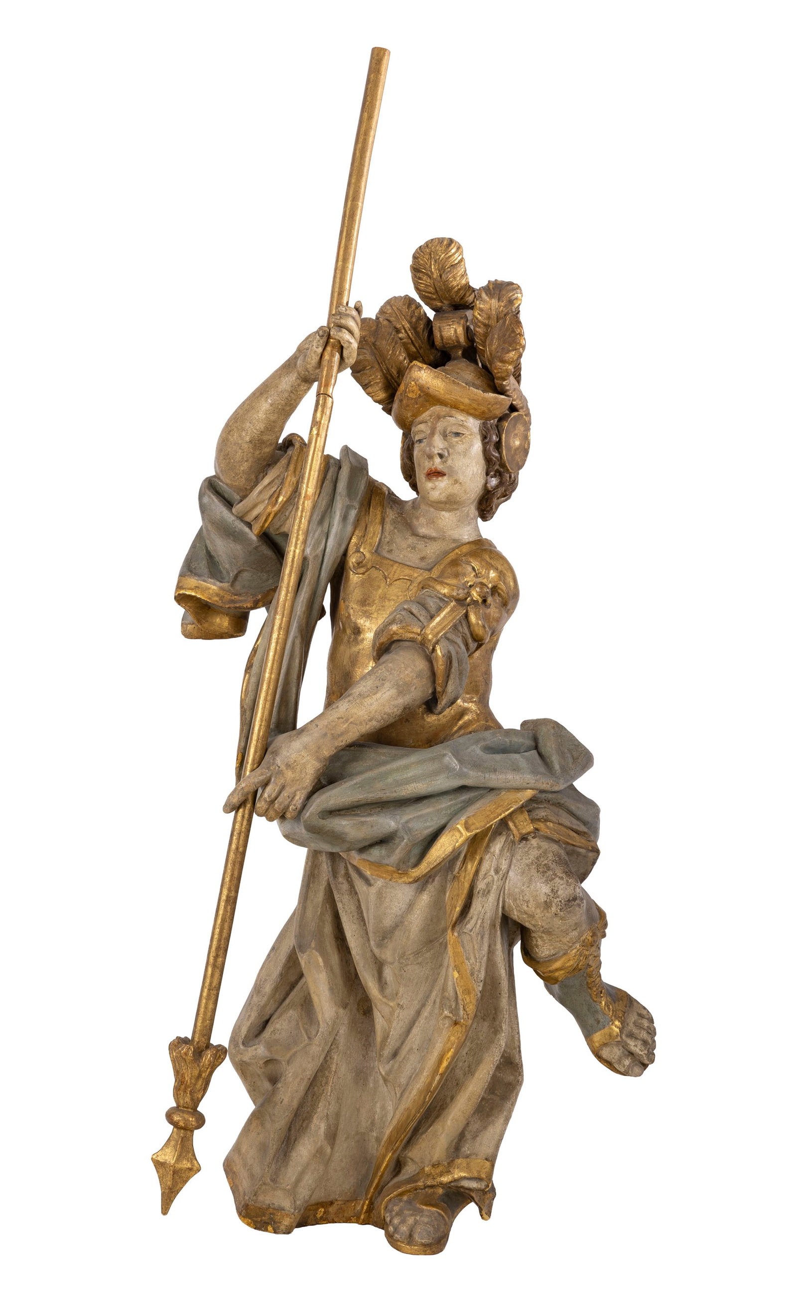 Saint Florien, sculpture murale en bois polychrome, Autriche XVIIIe s., h. 137 cm, h. du saint 113 c: Saint Florien, sculpture murale en bois polychrome, Autriche XVIIIe s., h. 137 cm, h. du saint 113 cm Provenance : Famille Schlote, Göttingen, Basse-Saxe ; collection du Dr Karl Schlote, Eschwege