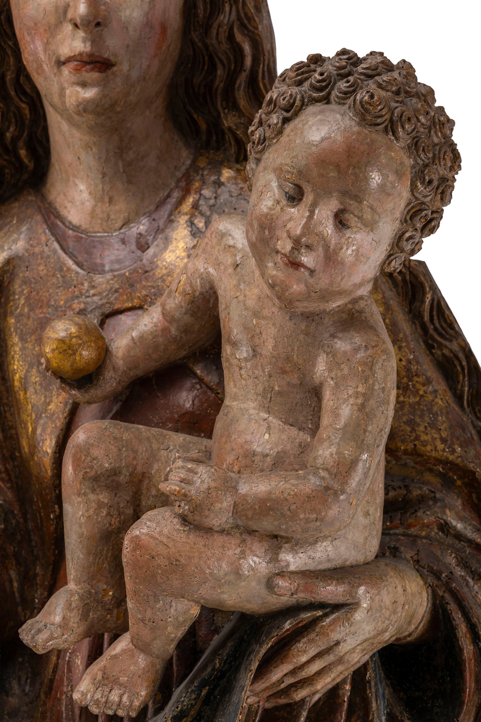 Vierge à l’Enfant grandeur nature en bois de tilleul sculpté, polychromé et dor - 10