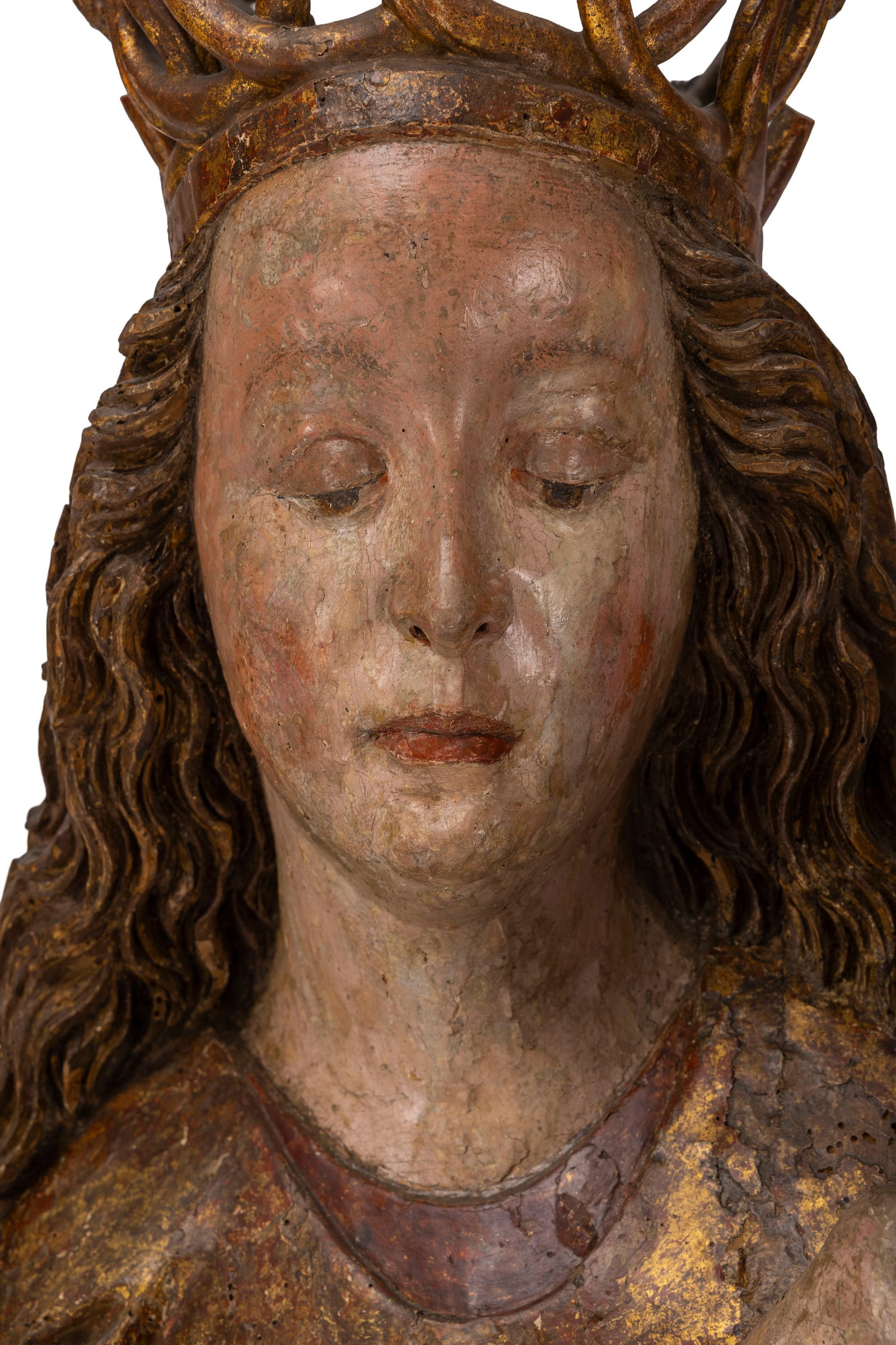 Vierge à l’Enfant grandeur nature en bois de tilleul sculpté, polychromé et dor - 11
