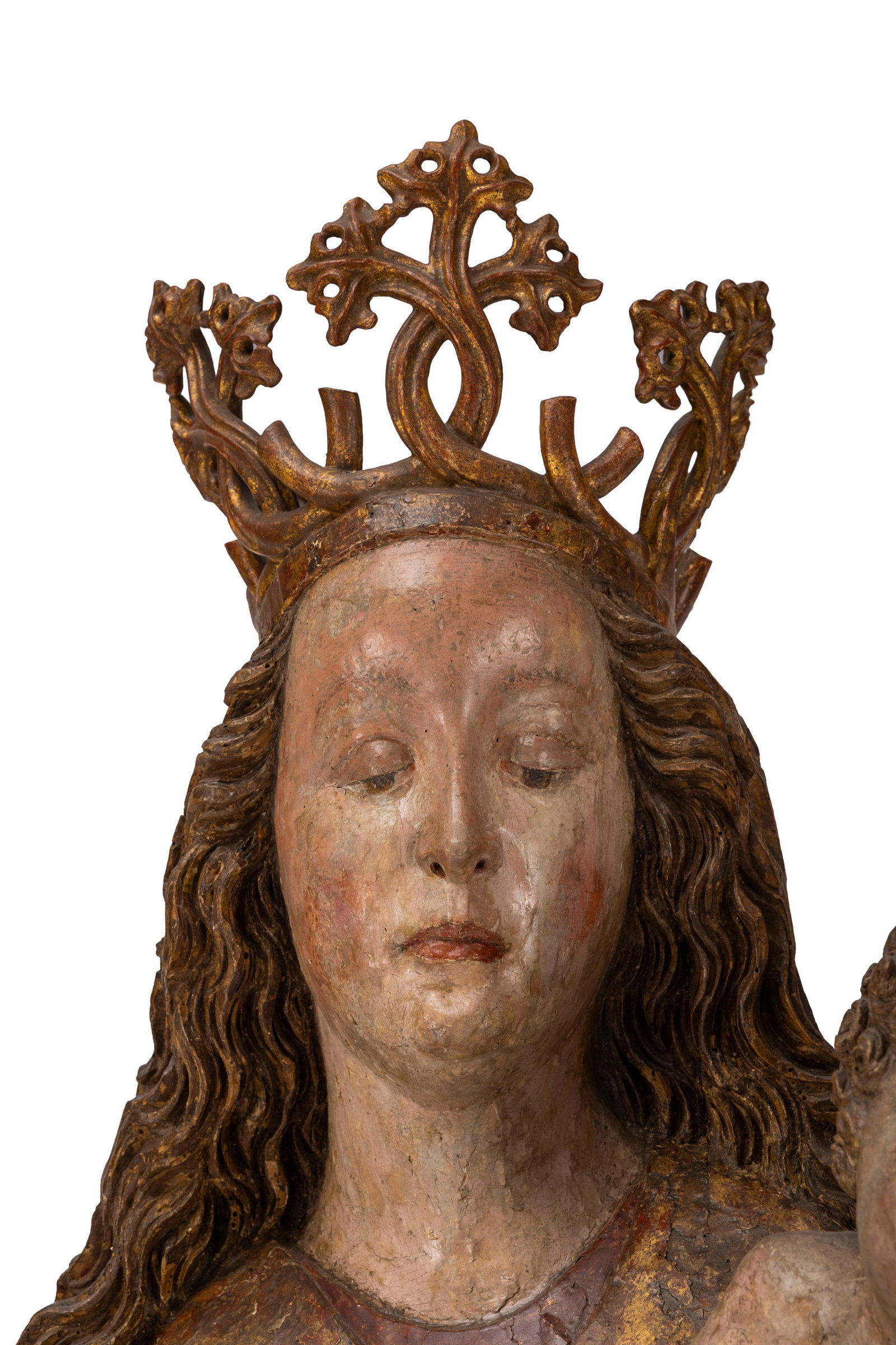 Vierge à l’Enfant grandeur nature en bois de tilleul sculpté, polychromé et dor - 13