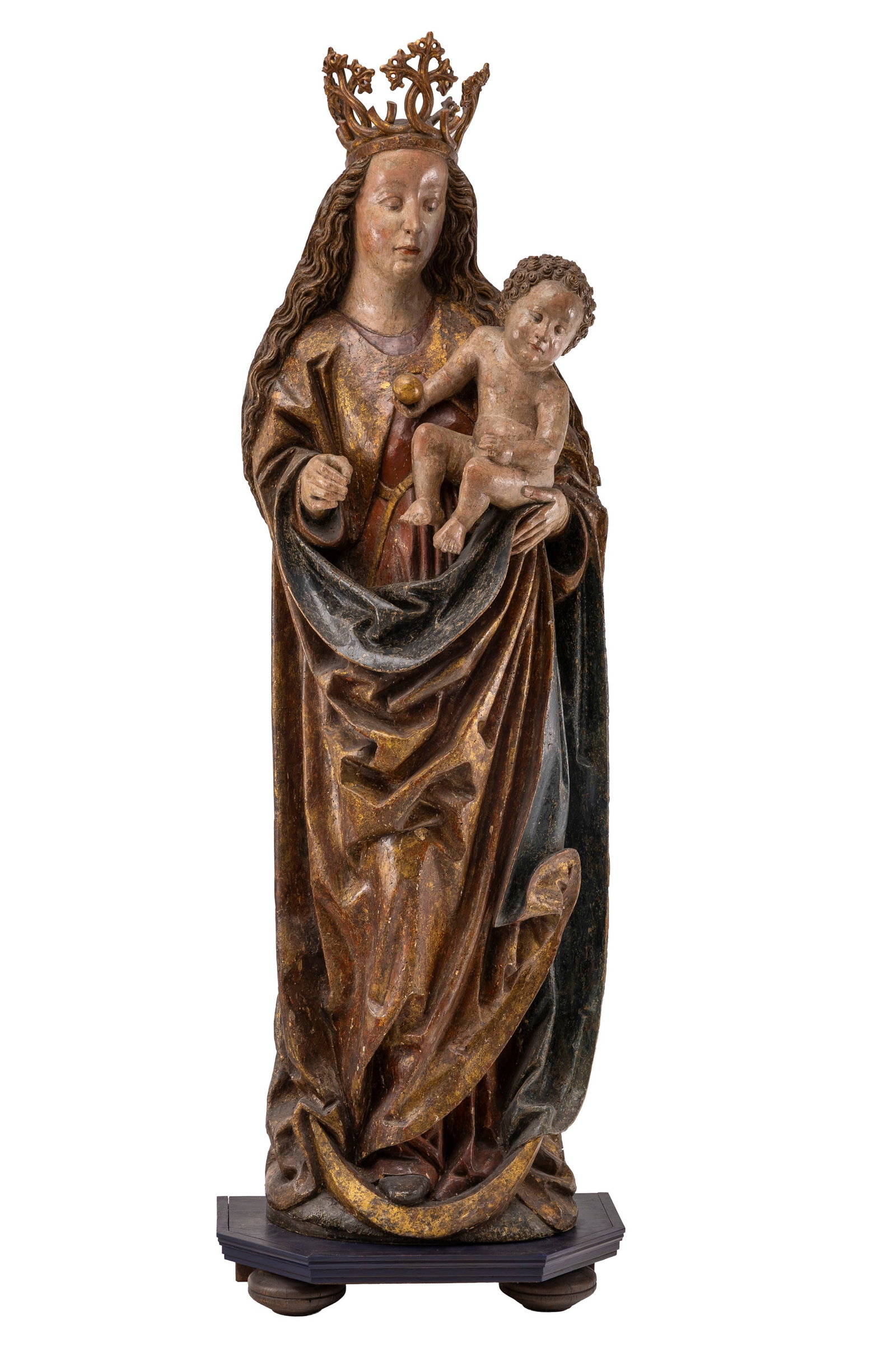 Vierge à l’Enfant grandeur nature en bois de tilleul sculpté, polychromé et dor: Vierge à l’Enfant grandeur nature en bois de tilleul sculpté, polychromé et doré, Franconie ou Nuremberg, vers 1490–1520, entourage ou suiveur de Veit Stoss (vers