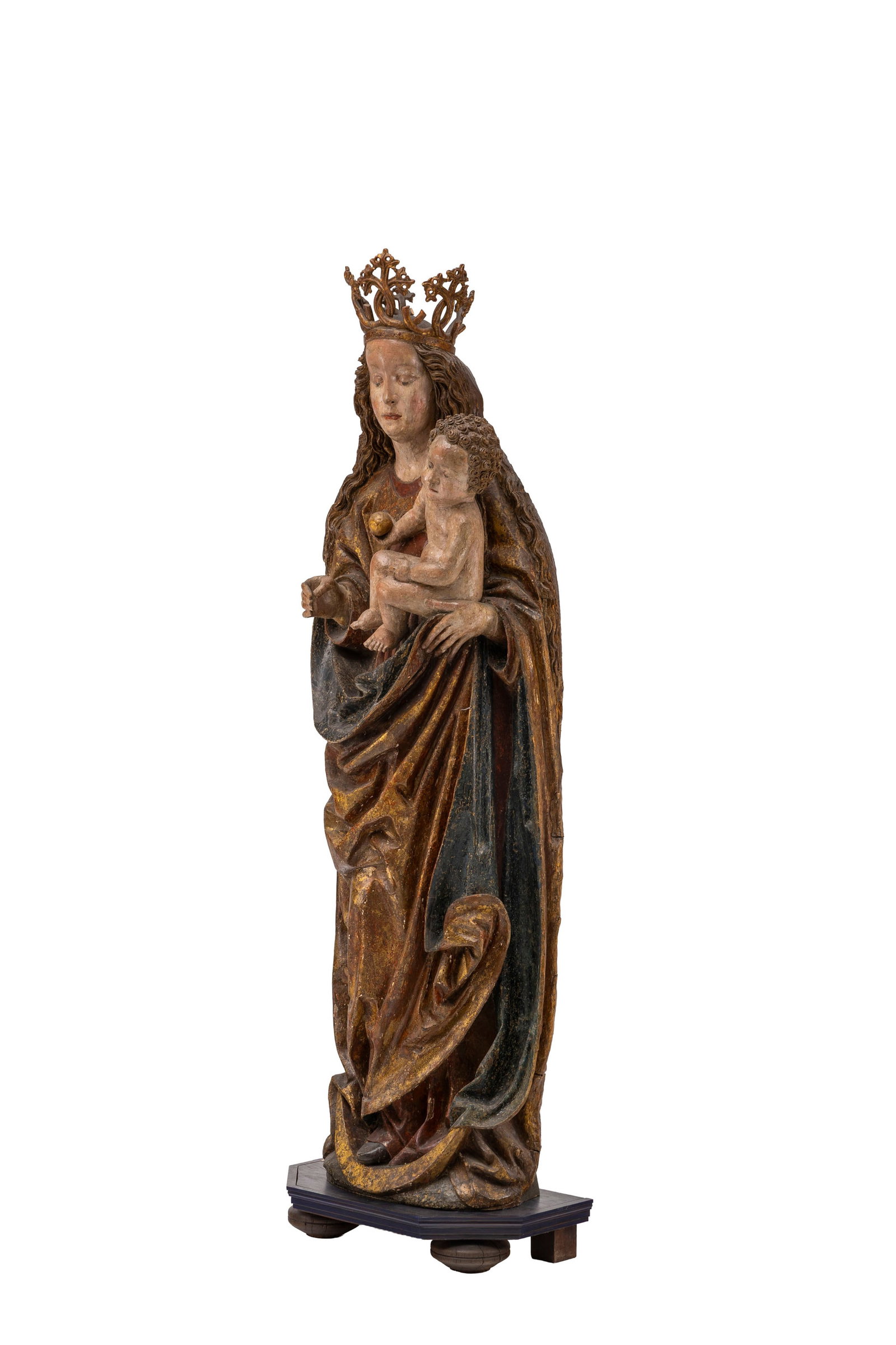 Vierge à l’Enfant grandeur nature en bois de tilleul sculpté, polychromé et dor - 2