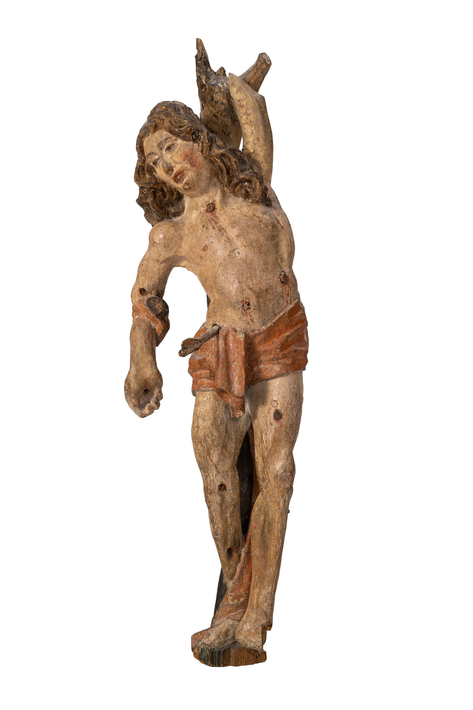 Saint Sébastien, sculpture murale en bois polychrome, probablement XVI-XVIIe s., h. 74 cm Prov: Saint Sébastien, sculpture murale en bois polychrome, probablement XVI-XVIIe s., h. 74 cm Provenance : Famille Schlote, Göttingen, Basse-Saxe ; collection du Dr Karl Schlote, Eschwege,
