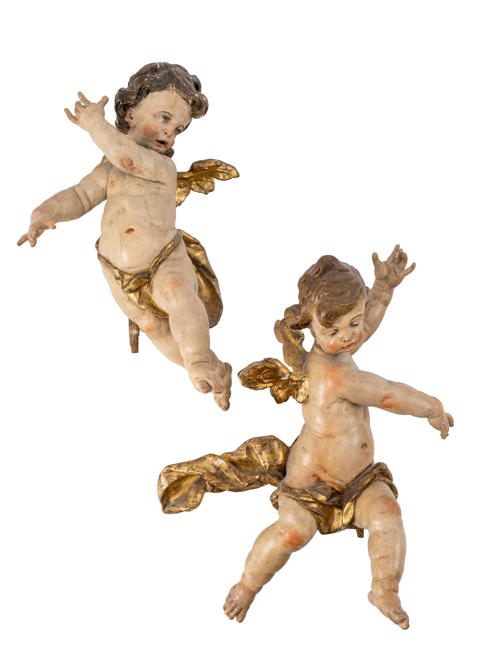 Johann Meinrad Guggenbichler (1649-1723), attribué à, Paire d'angelots en bois sculpté: Johann Meinrad Guggenbichler (1649-1723), attribué à, Paire d'angelots en bois sculpté et peint, circa 1700, h. 65 et 61 cm Provenance : Famille Schlote, Göttingen, Basse-Saxe ;