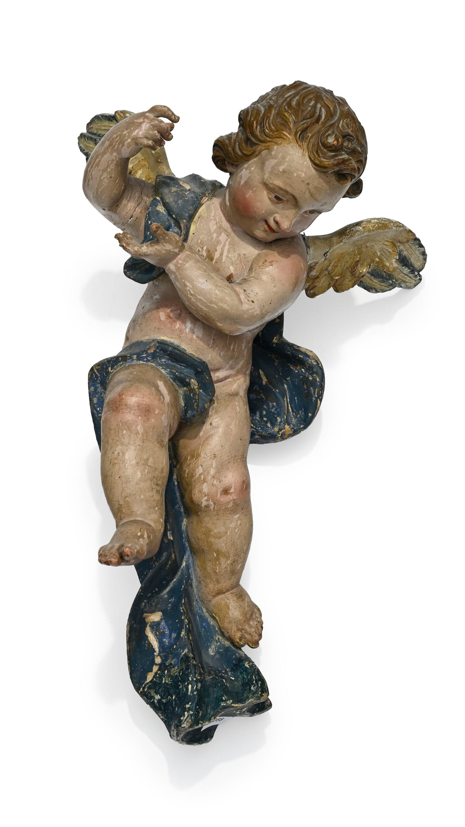 Angelot en bois sculpté polychrome, Italie du Nord XVIIIe s., h. 44 cm Provenance : Famille Sc: Angelot en bois sculpté polychrome, Italie du Nord XVIIIe s., h. 44 cm Provenance : Famille Schlote, Göttingen, Basse-Saxe ; collection du Dr Karl Schlote, Eschwege, Hesse du Nord, constitu&