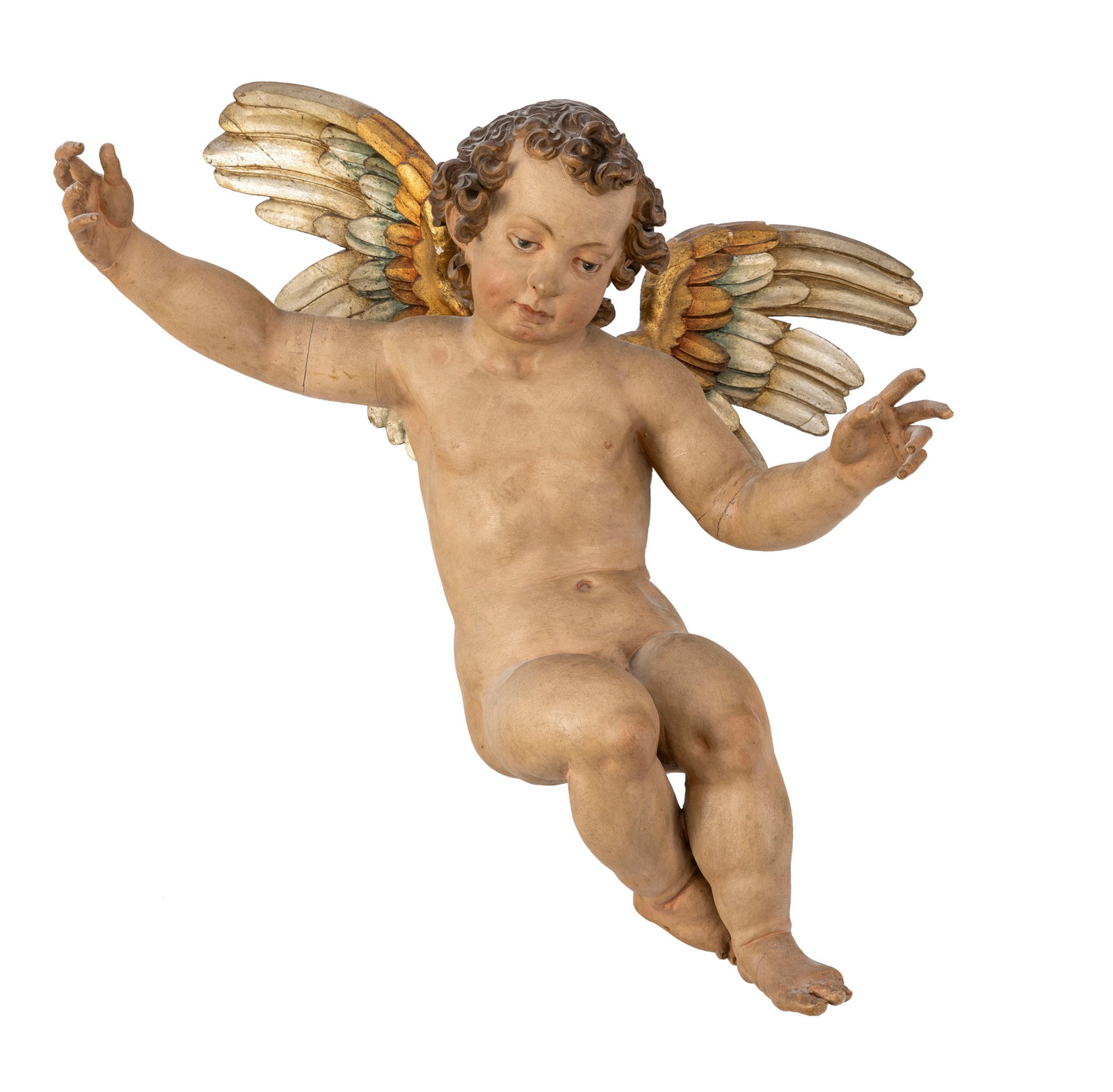 Ange en bois polychrome et ailes dorées, probablement Tyrol, XIXe s., ailes repeints et restaur: Ange en bois polychrome et ailes dorées, probablement Tyrol, XIXe s., ailes repeints et restaurés, h. 80 cm Provenance : Famille Schlote, Göttingen, Basse-Saxe ; collection du Dr Karl