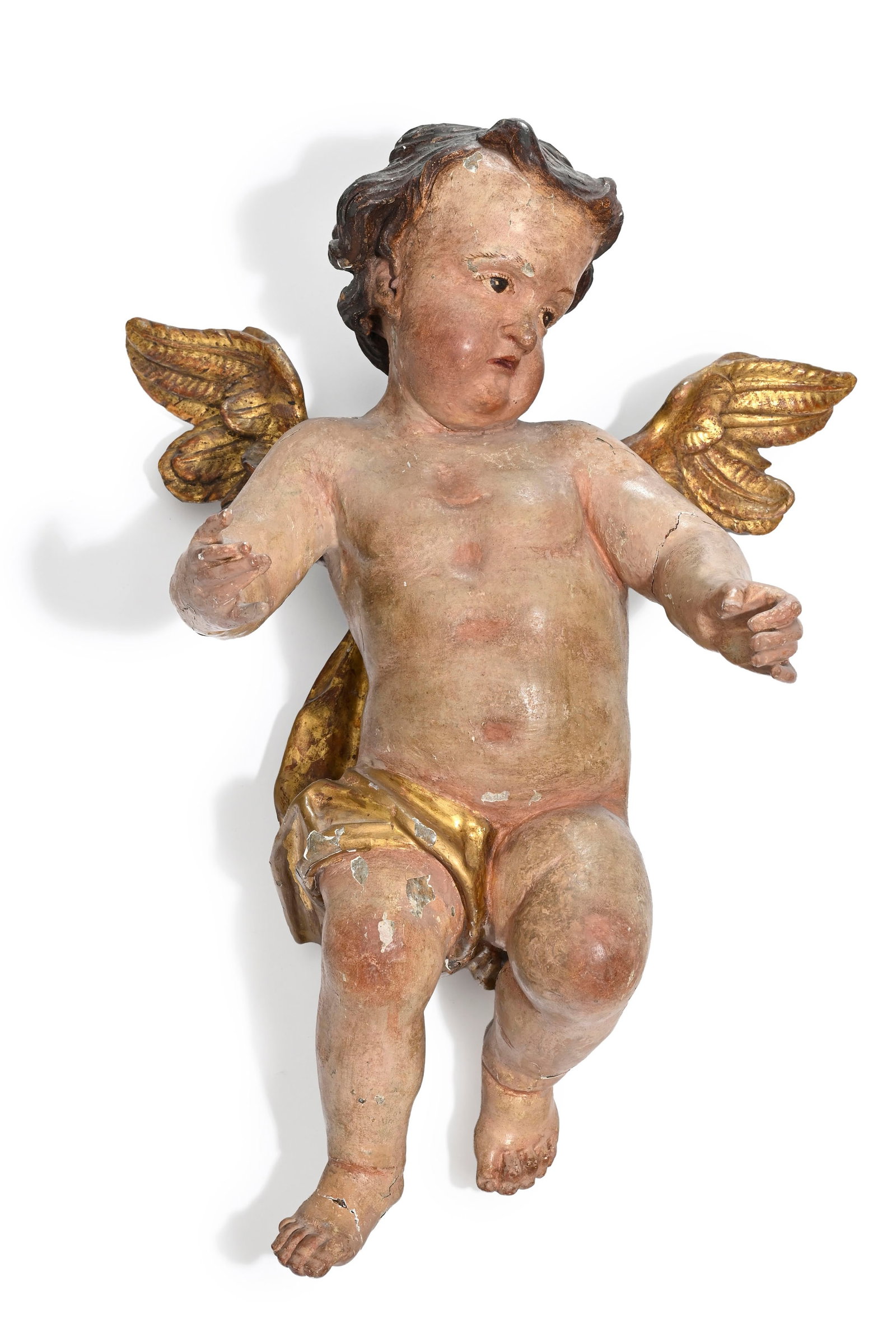 Paire d'angelots en bois sculpté polychrome et doré, Autriche, XVIIIe s., h, 43 cm Proven - 2