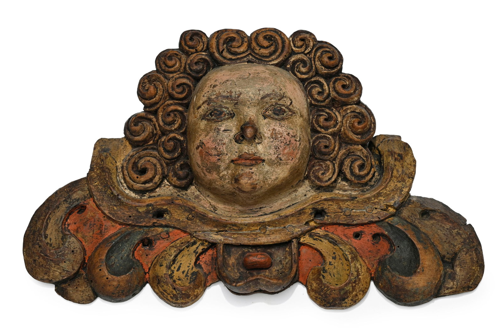 Tête d'ange en bois polychrome, XVIIIe s., Saint Esprit: colombe sur des rayons de lumière: Tête d'ange en bois polychrome, XVIIIe s., Saint Esprit: colombe sur des rayons de lumière, sculpture en bois polychrome et doré, XIXe s. Provenance : Famille Schlote, Göttingen,
