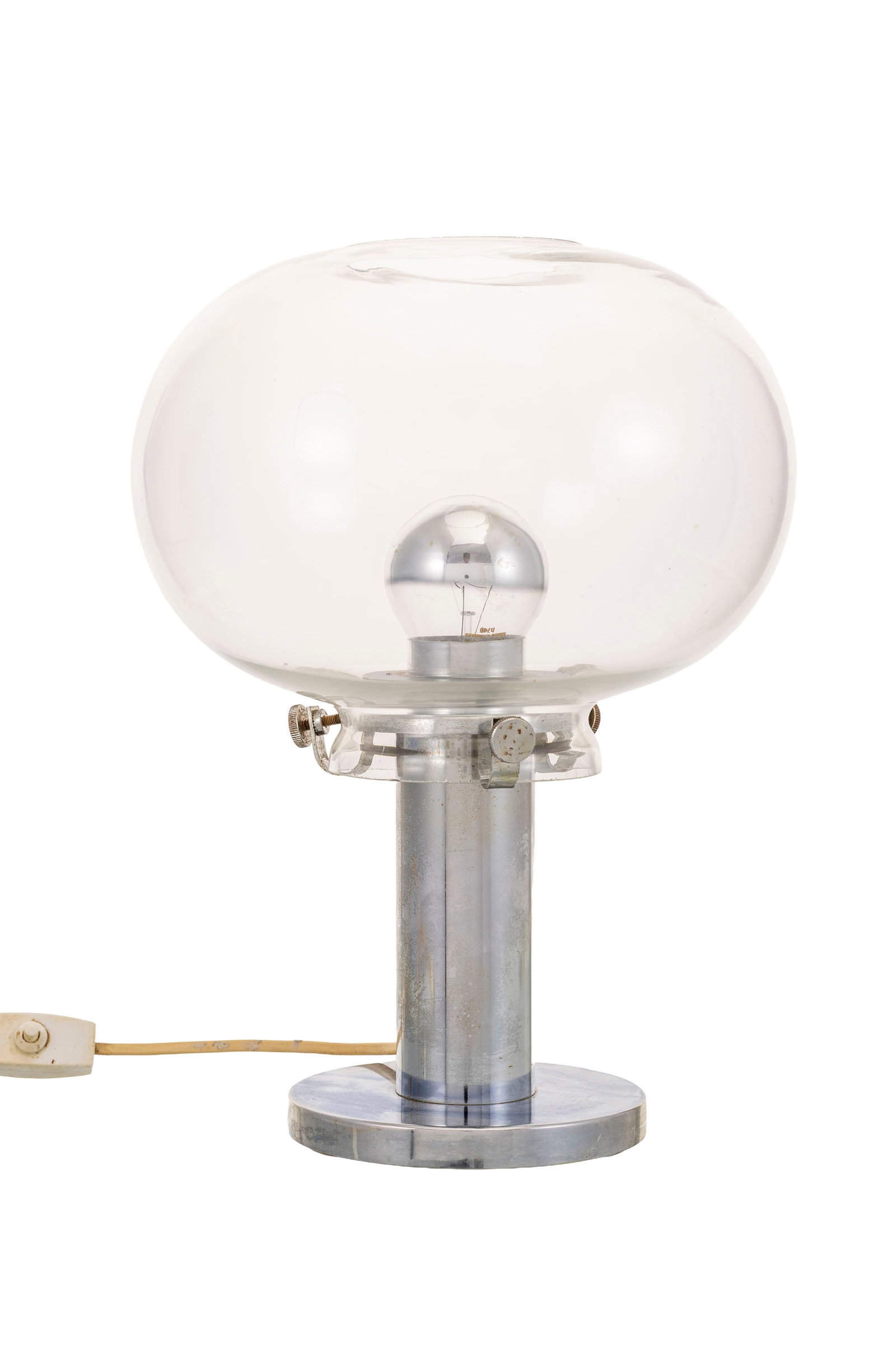 Lampe, XXe s., en métal chromé, diffuseur en verre transparent, h. 33 cm (1 of 2)