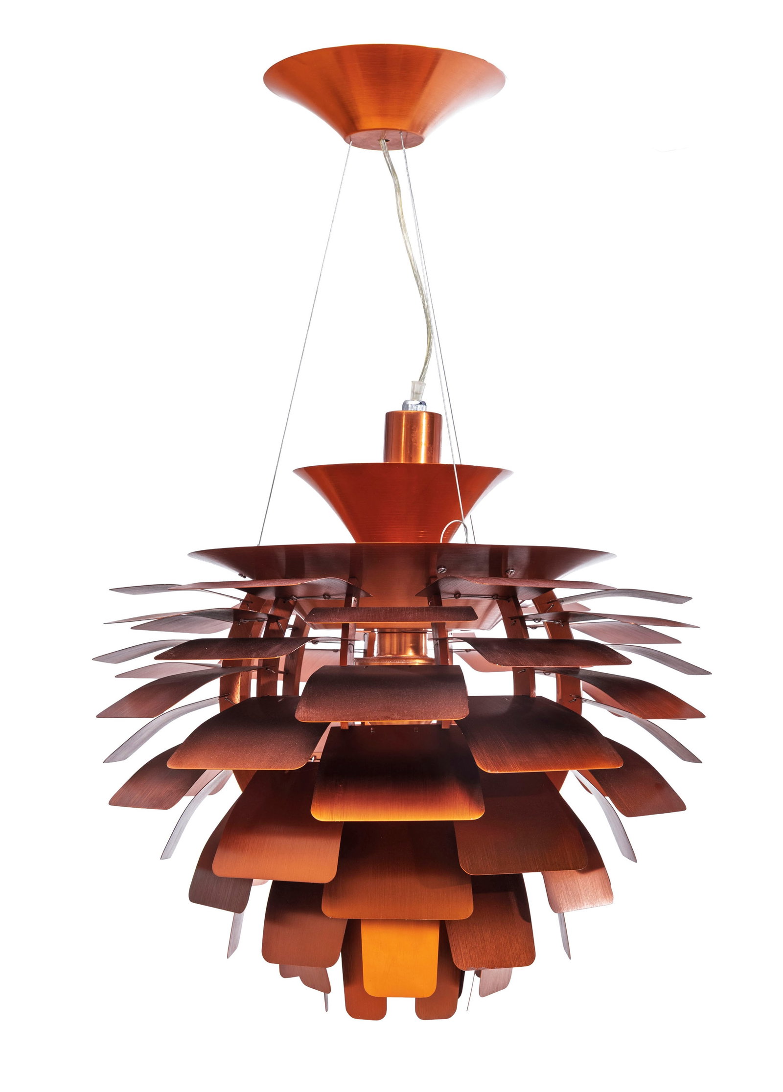 Suspension Artichoke par Poul Henningsen (1894-1967), en cuivre, à superposition de feuilles fi: Suspension Artichoke par Poul Henningsen (1894-1967), en cuivre, à superposition de feuilles finition brossée, h. 58 cm, diam. 65 cm