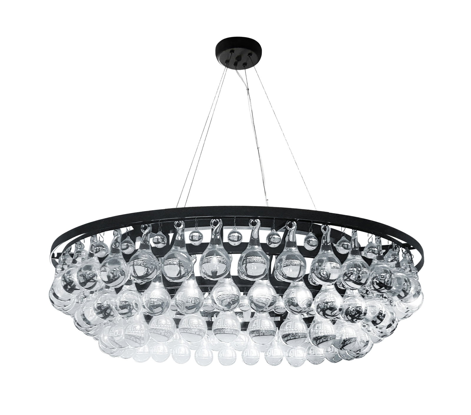 Suspension Arctic Pear, édition Ochre, armature en nickel poli, avec une bordure à trois n: Suspension Arctic Pear, édition Ochre, armature en nickel poli, avec une bordure à trois niveaux composée de gouttes de verre transparent, diam. 92 cm, h. 26 cm Condition nous ne