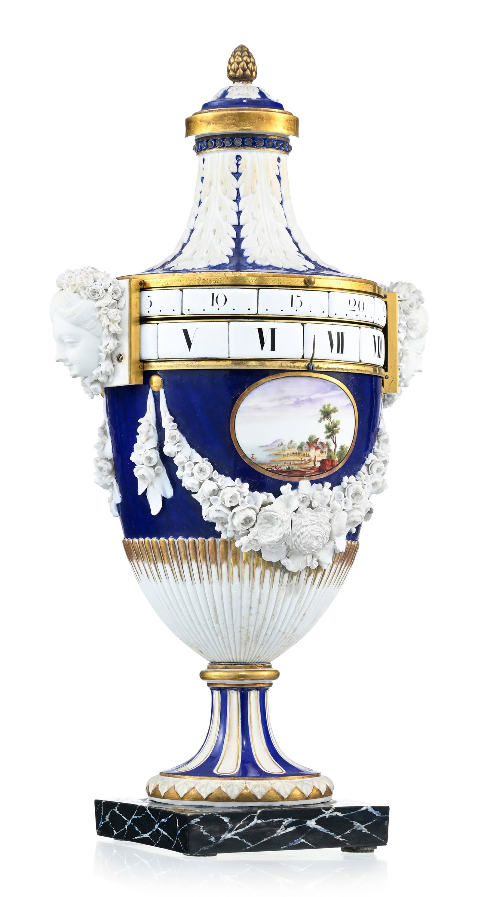 Pendule à cadrans tournants d'époque Louis XVI, en porcelaine à fond bleu de Nidervil - 2