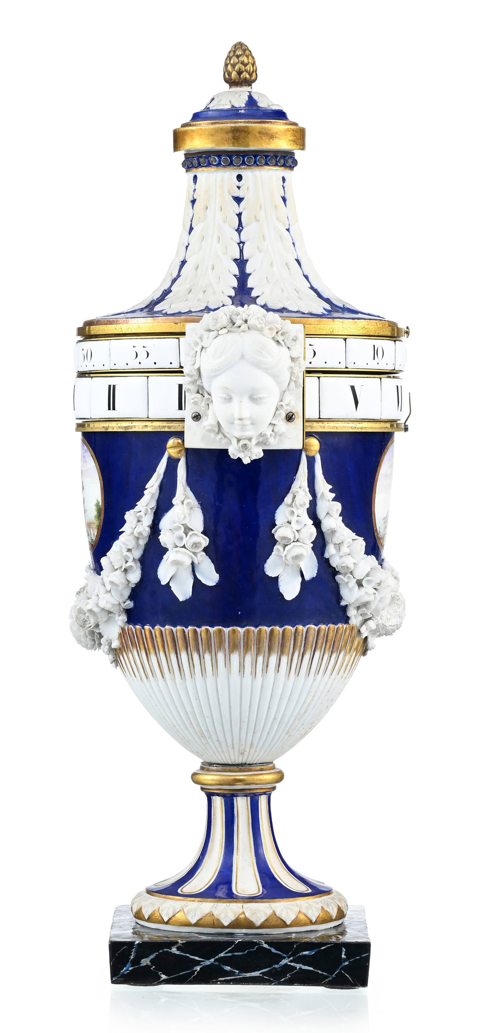 Pendule à cadrans tournants d'époque Louis XVI, en porcelaine à fond bleu de Nidervil - 3
