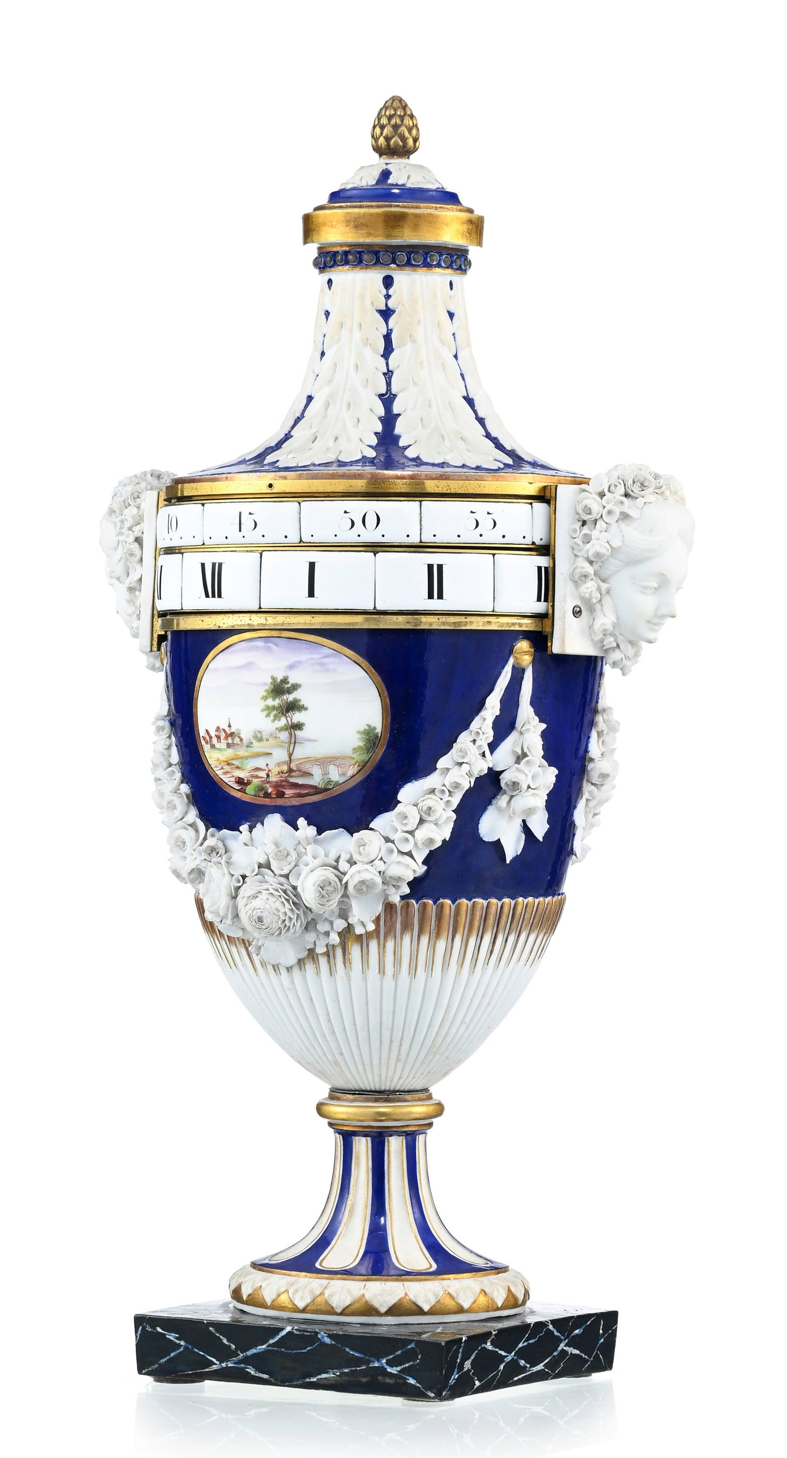 Pendule à cadrans tournants d'époque Louis XVI, en porcelaine à fond bleu de Nidervil - 4