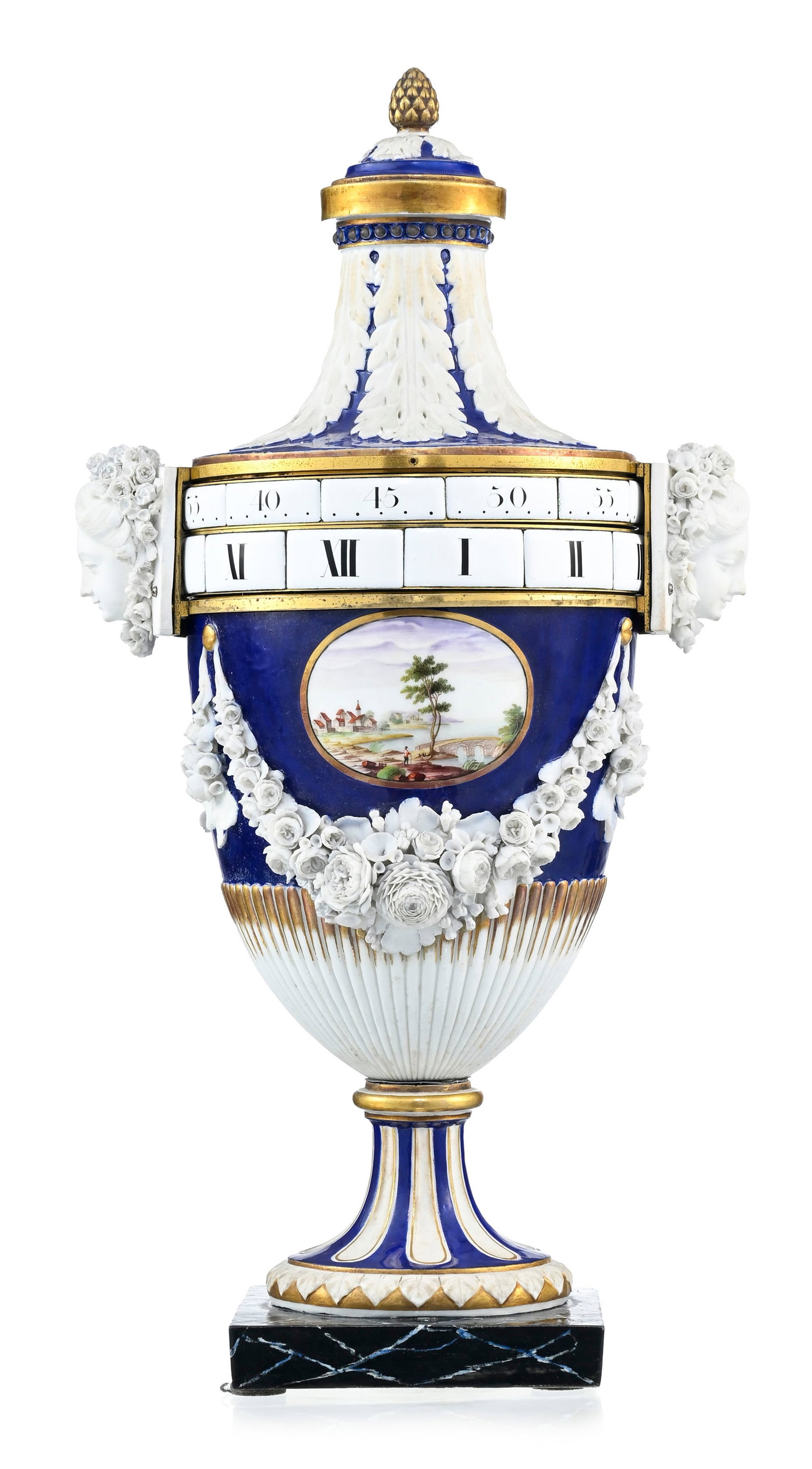 Pendule à cadrans tournants d'époque Louis XVI, en porcelaine à fond bleu de Nidervil - 5