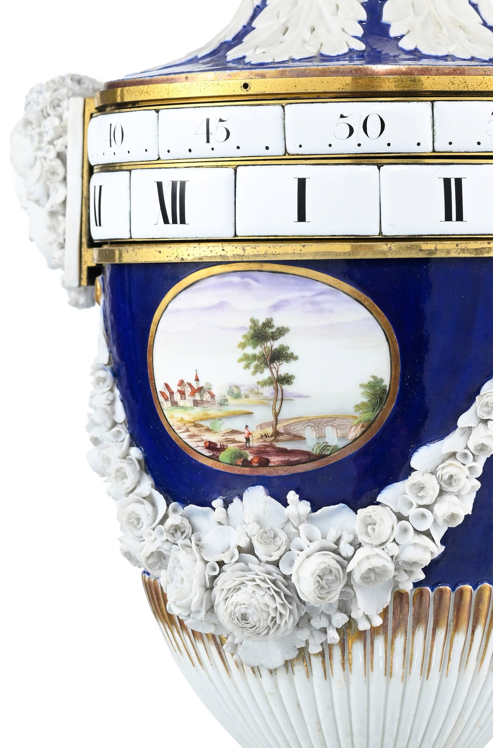 Pendule à cadrans tournants d'époque Louis XVI, en porcelaine à fond bleu de Nidervil - 7