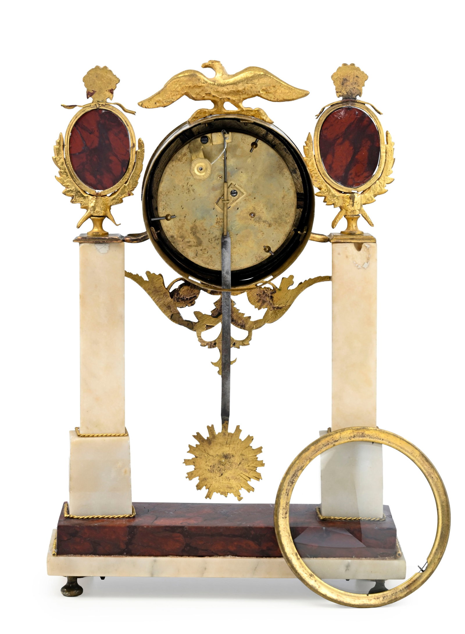 Pendule portique d'époque Directoire, en marbre blanc, rouge griotte et bronze doré, cadra - 2