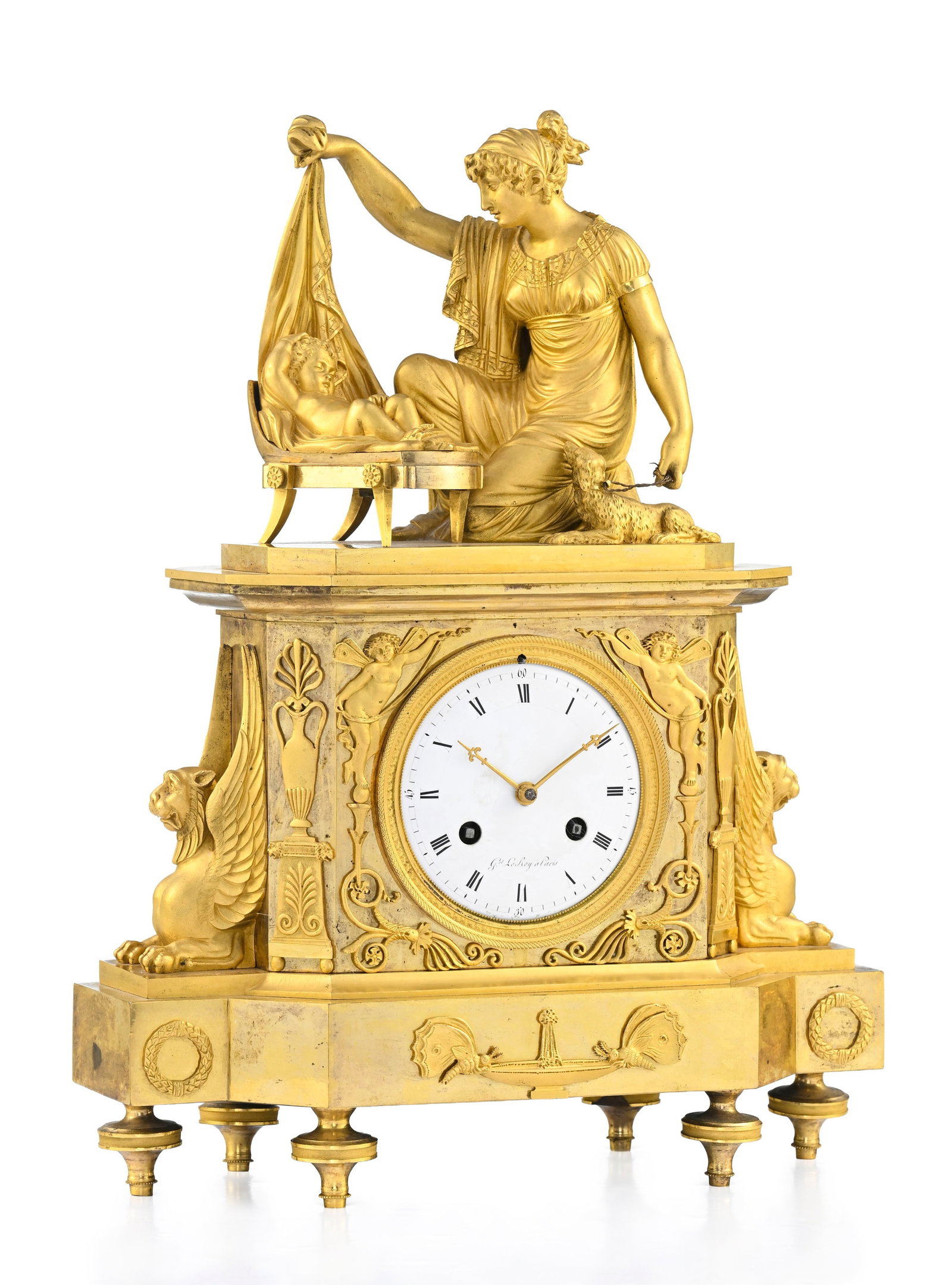 Pendule d'époque Empire, en bronze ciselé et doré mat et brillant, figurant une all&# - 2
