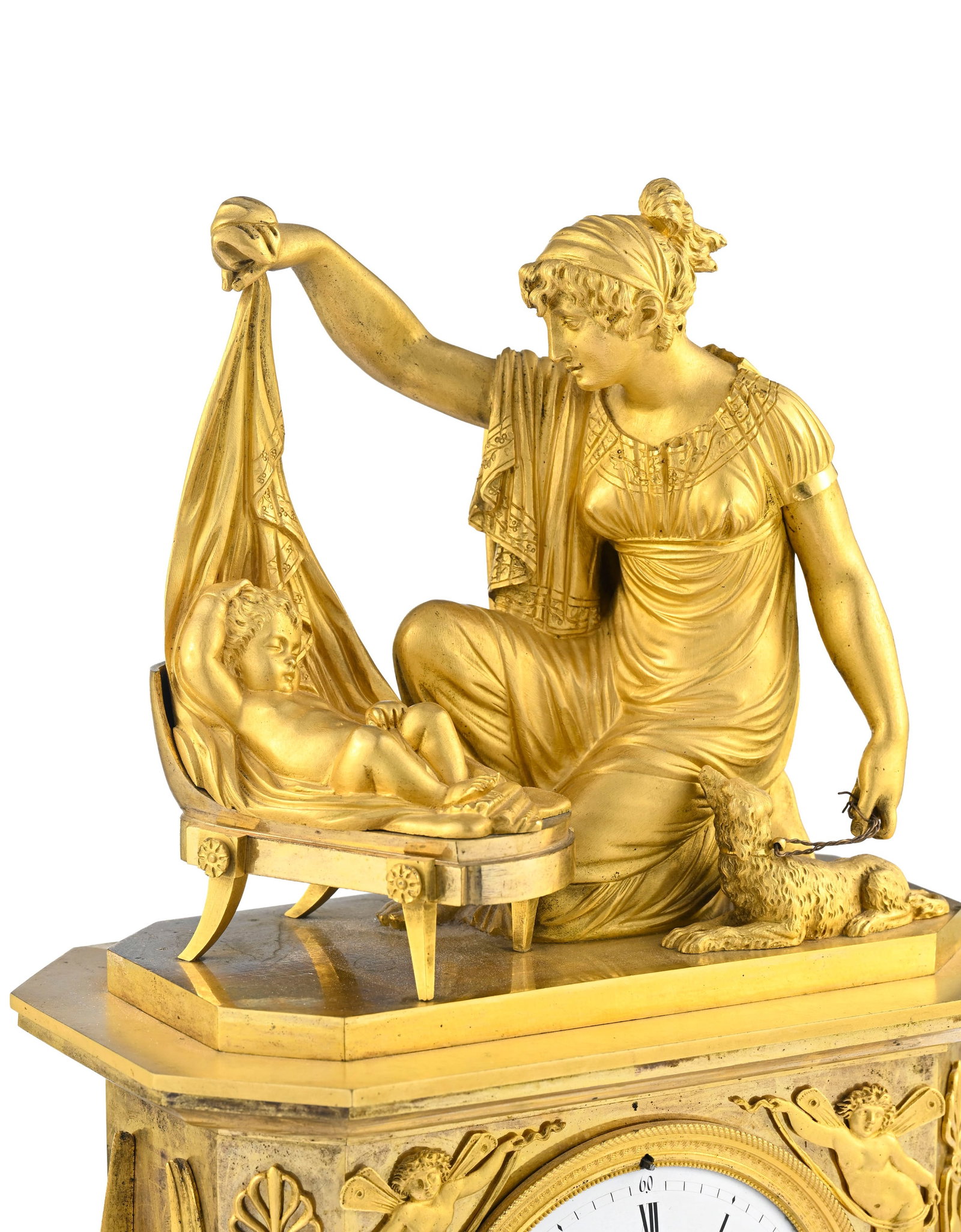 Pendule d'époque Empire, en bronze ciselé et doré mat et brillant, figurant une all&# - 4