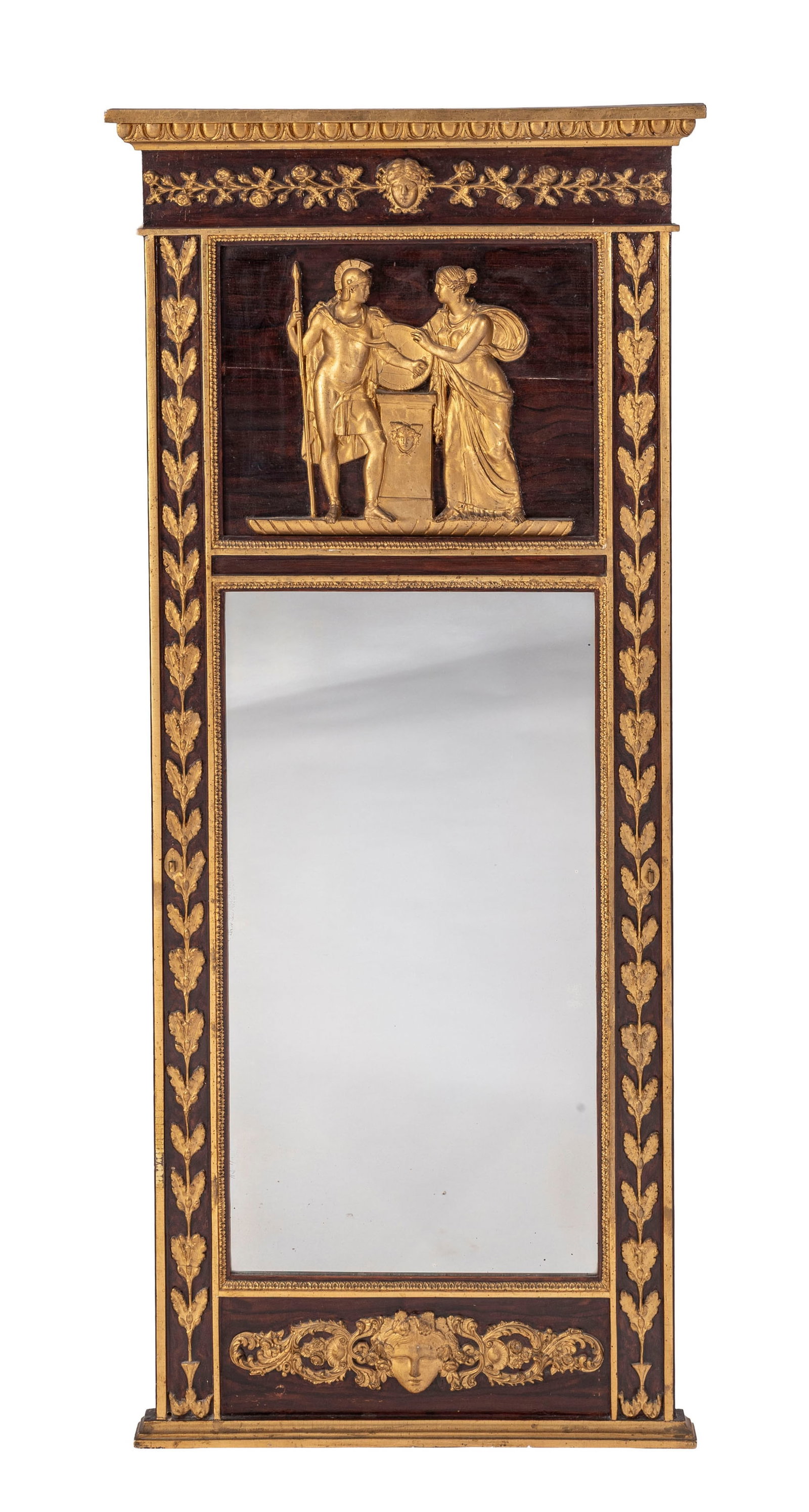 Trumeau de style Empire, fin du XIXe s., en bois et stuc peint à l'imitation de l'acajou et dor: Trumeau de style Empire, fin du XIXe s., en bois et stuc peint à l'imitation de l'acajou et doré, à décor d'une scène à l'antique, 166x73 cm Condition présence de