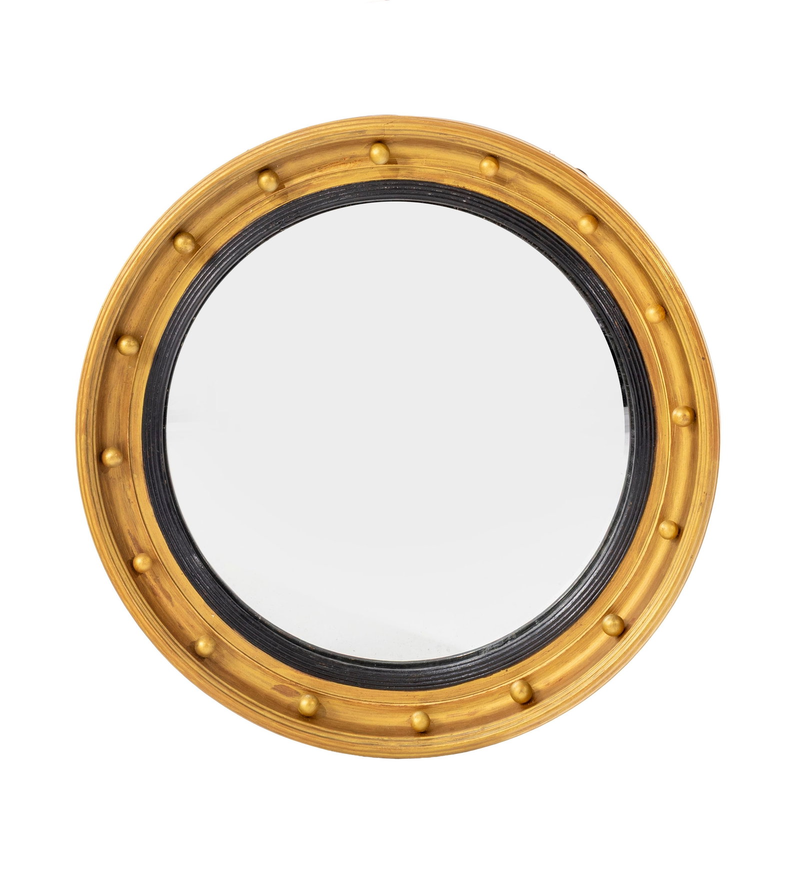 Miroir circulaire de style Regency, XXIe s., en bois doré et noirci, glace bombée, diam. 4: Miroir circulaire de style Regency, XXIe s., en bois doré et noirci, glace bombée, diam. 40 cm