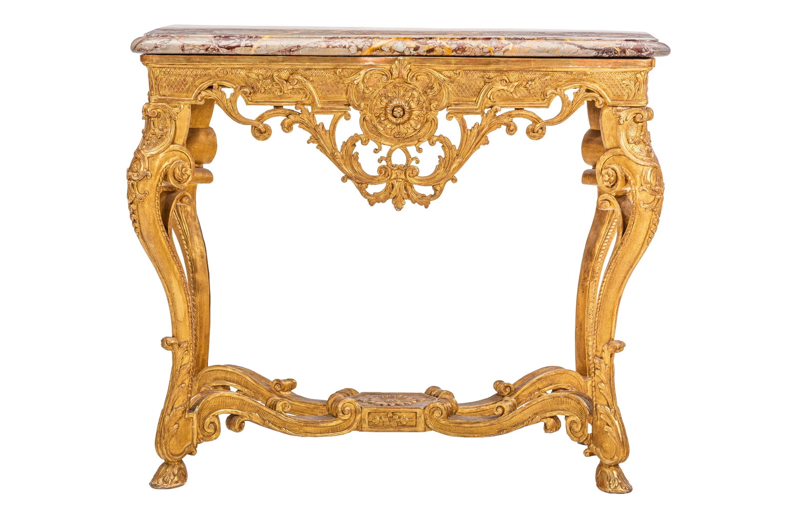 Console de style Régence, XIXe s., en bois sculpté et doré à décor de fleur: Console de style Régence, XIXe s., en bois sculpté et doré à décor de fleurs de tournesol et de feuilles d'acanthe et treillis, pieds galbés reliés par une