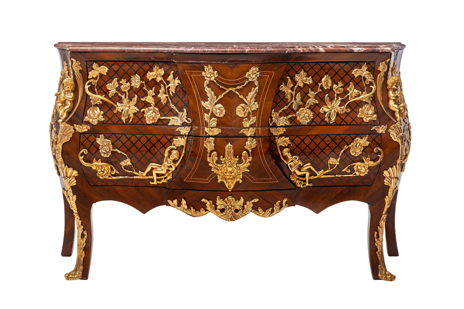 Commode de style Louis XV, XXe s., en placage de bois de rose et croisillons de bois noircis, riches (1 of 7)