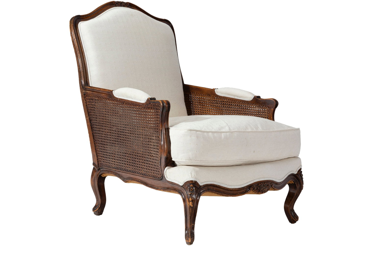 Bergère de style Louis XV, XIXe s., en noyer mouluré et sculpté, garniture en tissu b - 2