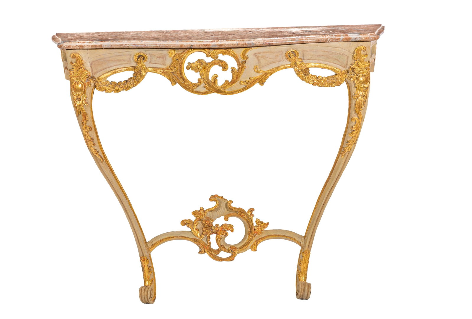 Console, Italie, XXe s., à décor ajouré peint gris et doré de guirlandes de fleu: Console, Italie, XXe s., à décor ajouré peint gris et doré de guirlandes de fleurs et coquille, pieds galbés, plateau en marbre, 79x96x42 cm