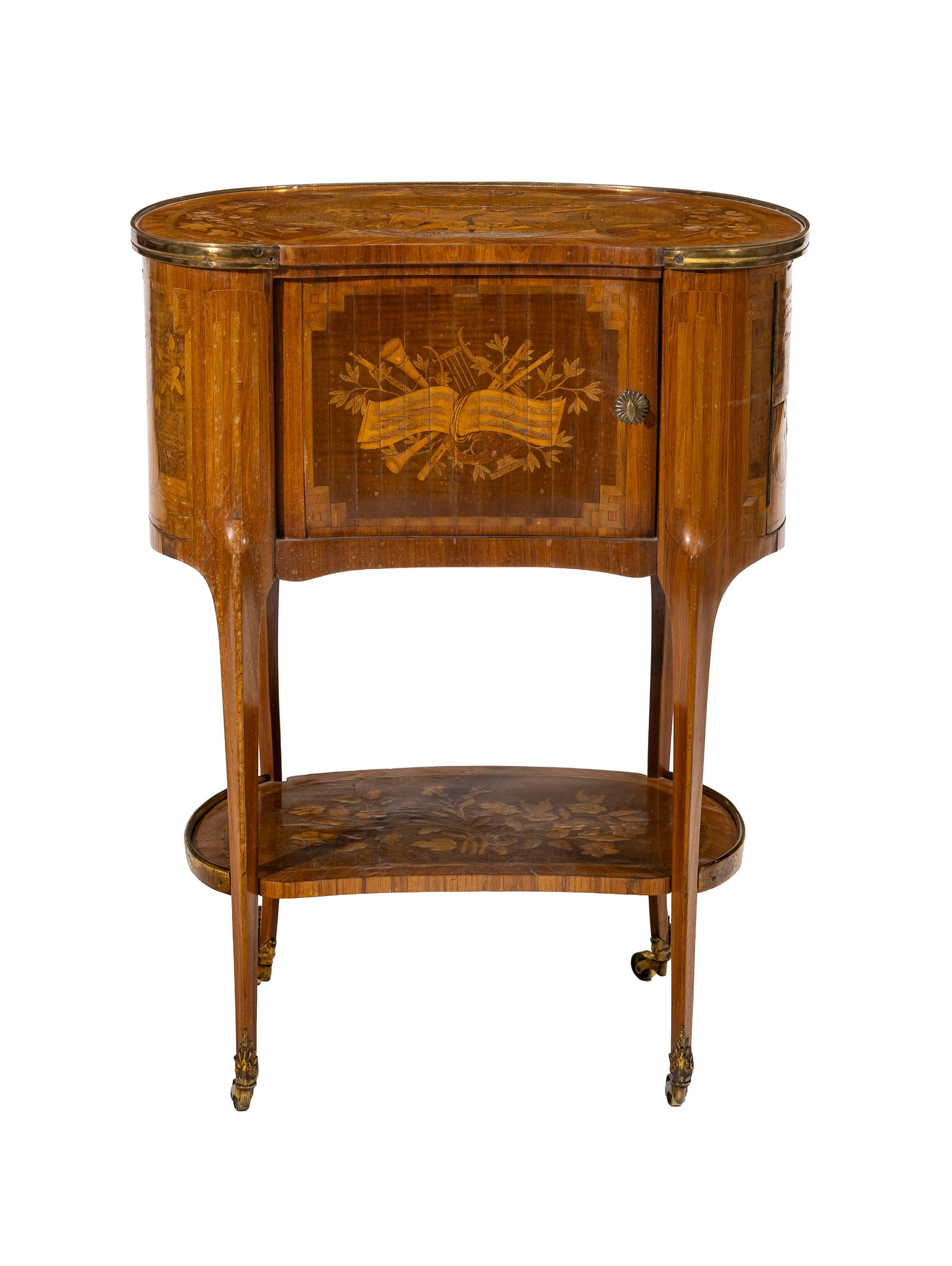 Table de salon d'époque Louis XV estampillée F.BAYER en placage de bois de rose et marquet: Table de salon d'époque Louis XV estampillée F.BAYER en placage de bois de rose et marqueterie à décor de fleurs, aux attributs de la musique et vases fleuris, ouvrant en