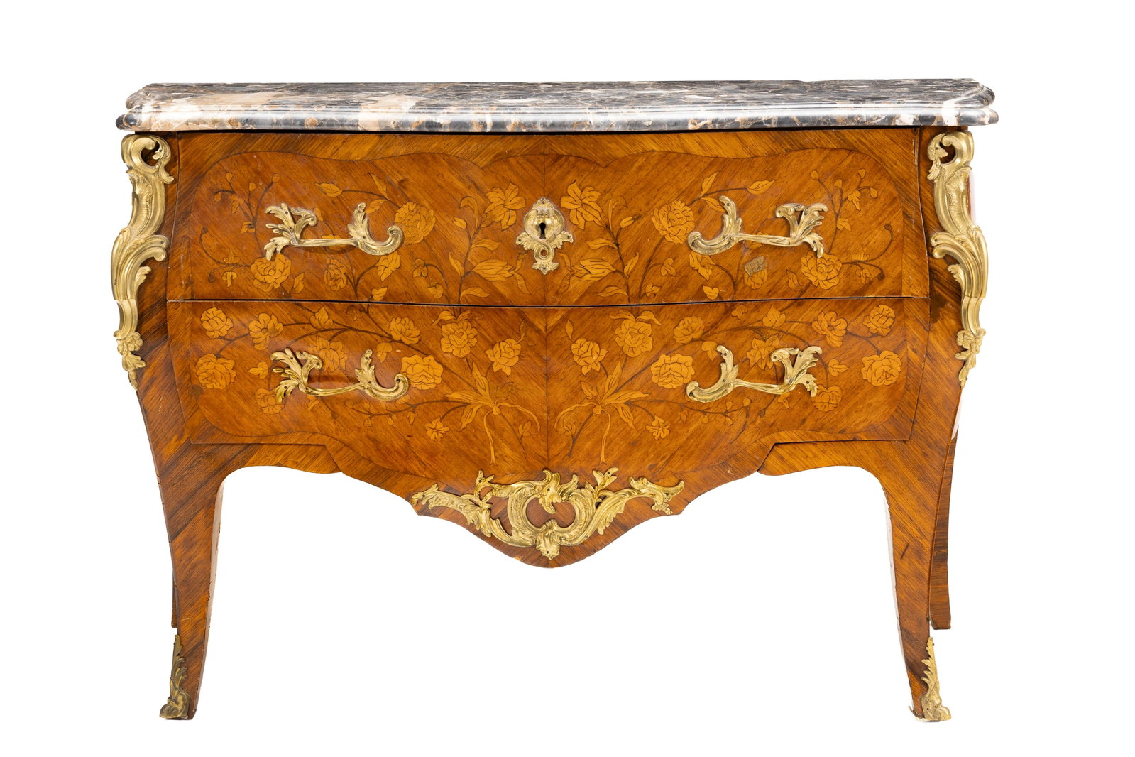 Commode de style Louis XV, XIXe s., à décor de branches fleuries en marqueterie et placage: Commode de style Louis XV, XIXe s., à décor de branches fleuries en marqueterie et placage de bois de rose, façade galbée ouvrant par deux tiroirs, plateau en marbre, 89x133x52 cm
