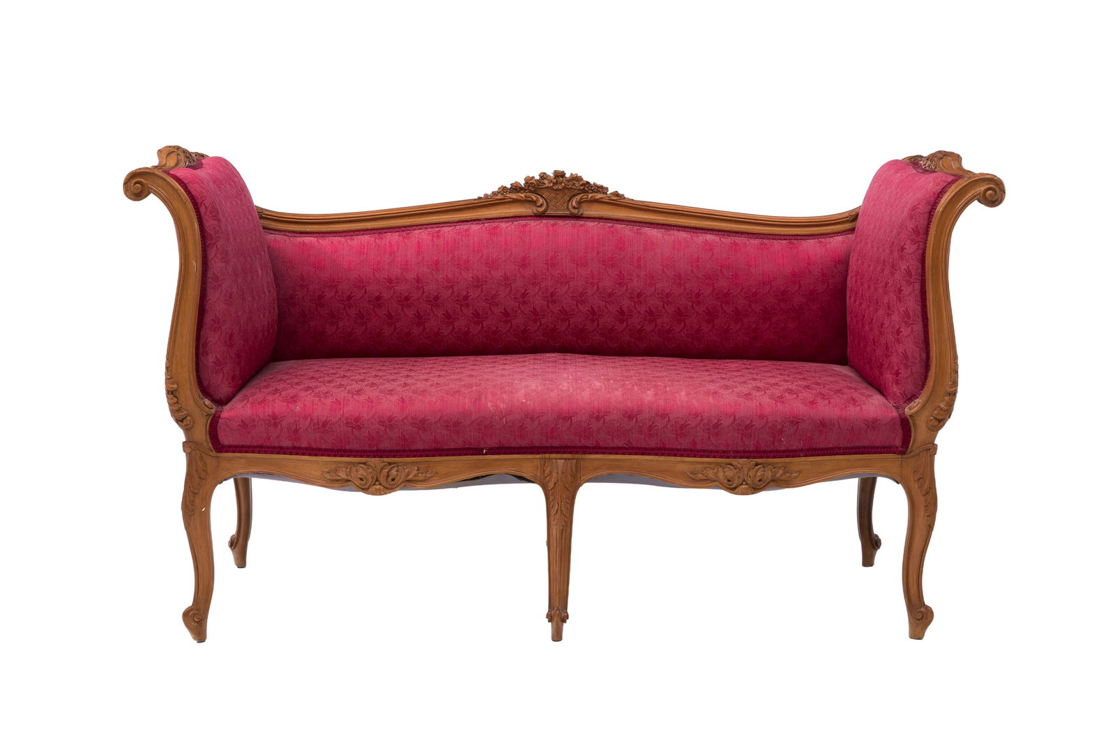 Banquette de style Louis XV, XIXe s., en bois naturel mouluré et sculpté à décor (1 of 2)