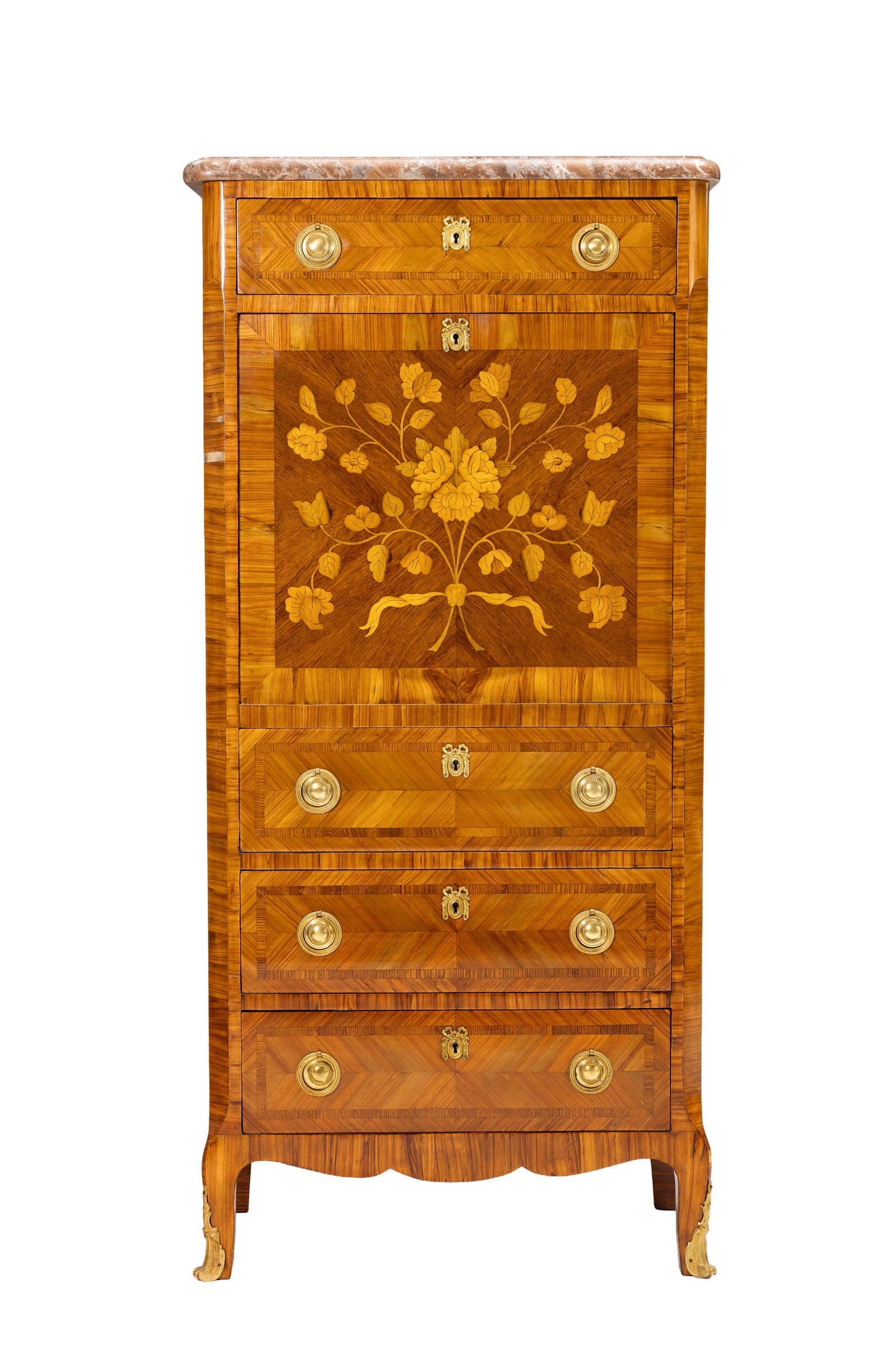 Secrétaire à abattant de style Transition, XIXe s., en placage de bois de rose et marquete: Secrétaire à abattant de style Transition, XIXe s., en placage de bois de rose et marqueterie à décor de fleurs, ouvrant par quatre tiroirs et un abattant, plateau en marbre rose,