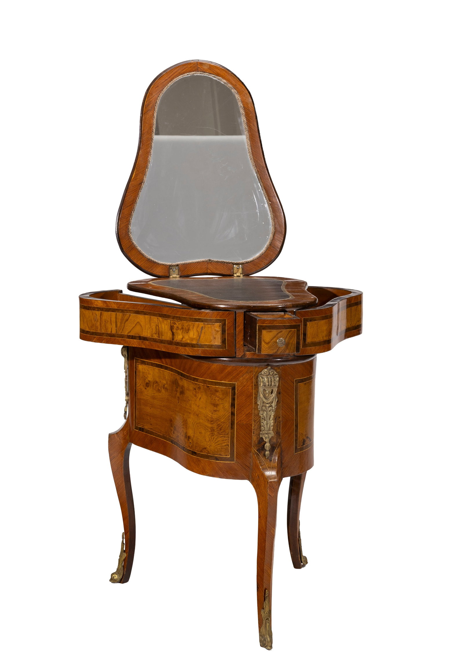Table de toilette "cœur" de style Transition, XIXe s., en placage de bois fruitier, pieds galb& - 2