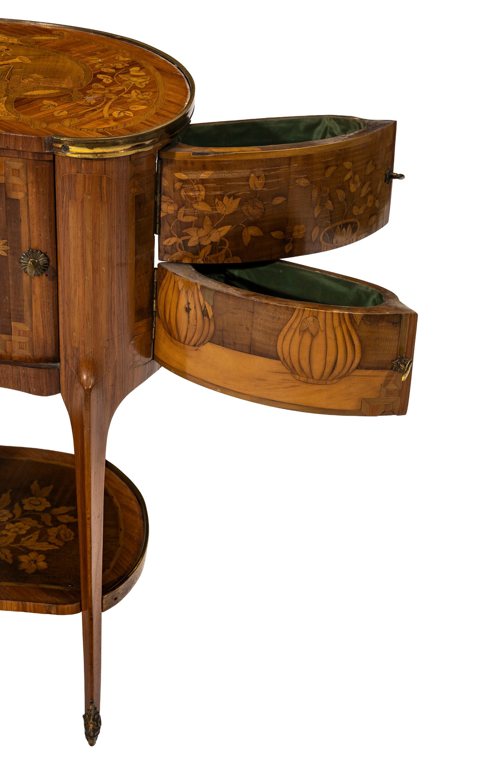 Table de toilette "cœur" de style Transition, XIXe s., en placage de bois fruitier, pieds galb& - 3