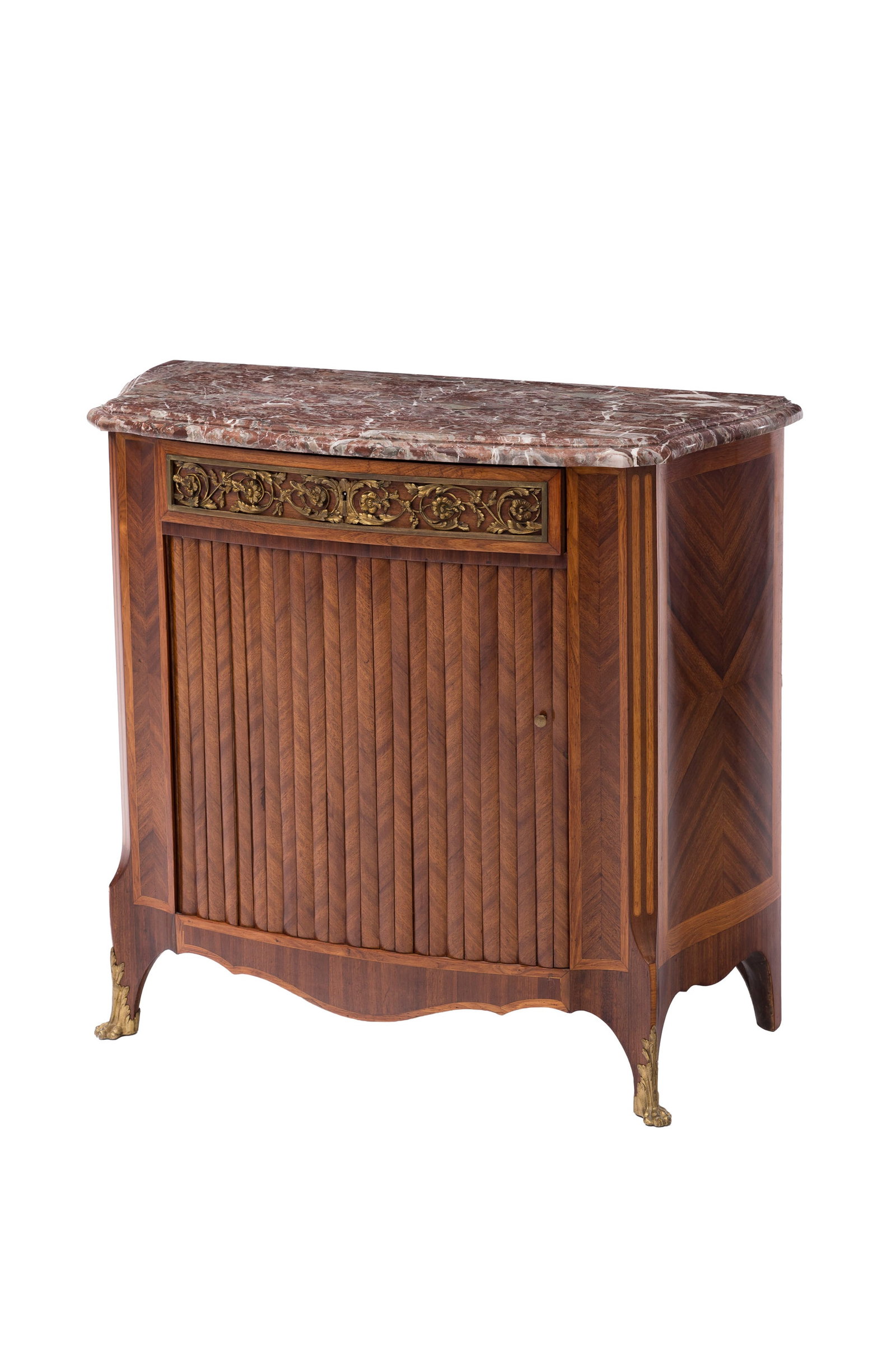 Cabinet de style Transition, XXe s., par la maison Jansen, en placage de bois de rose, façade o: Cabinet de style Transition, XXe s., par la maison Jansen, en placage de bois de rose, façade ouvrant par un tiroir et un volet coulissant, plateau en marbre, estampillé, 89x97x44 cm Conditi