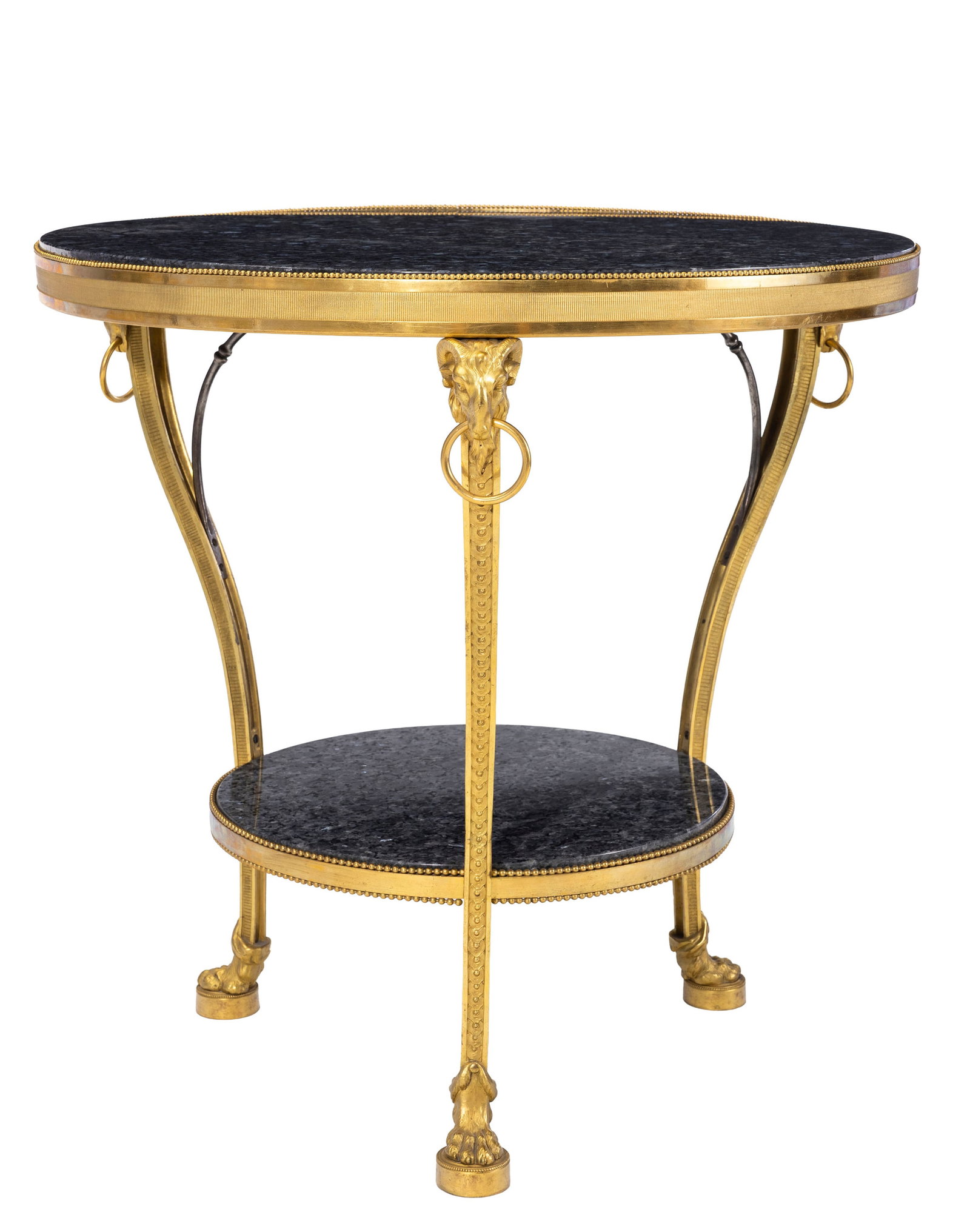 Guéridon Néoclassique, fin du XIXe s., en bronze ciselé et doré à déco: Guéridon Néoclassique, fin du XIXe s., en bronze ciselé et doré à décor de boucs, frises de perles et piastres, pieds galbés réunis par une tablette à