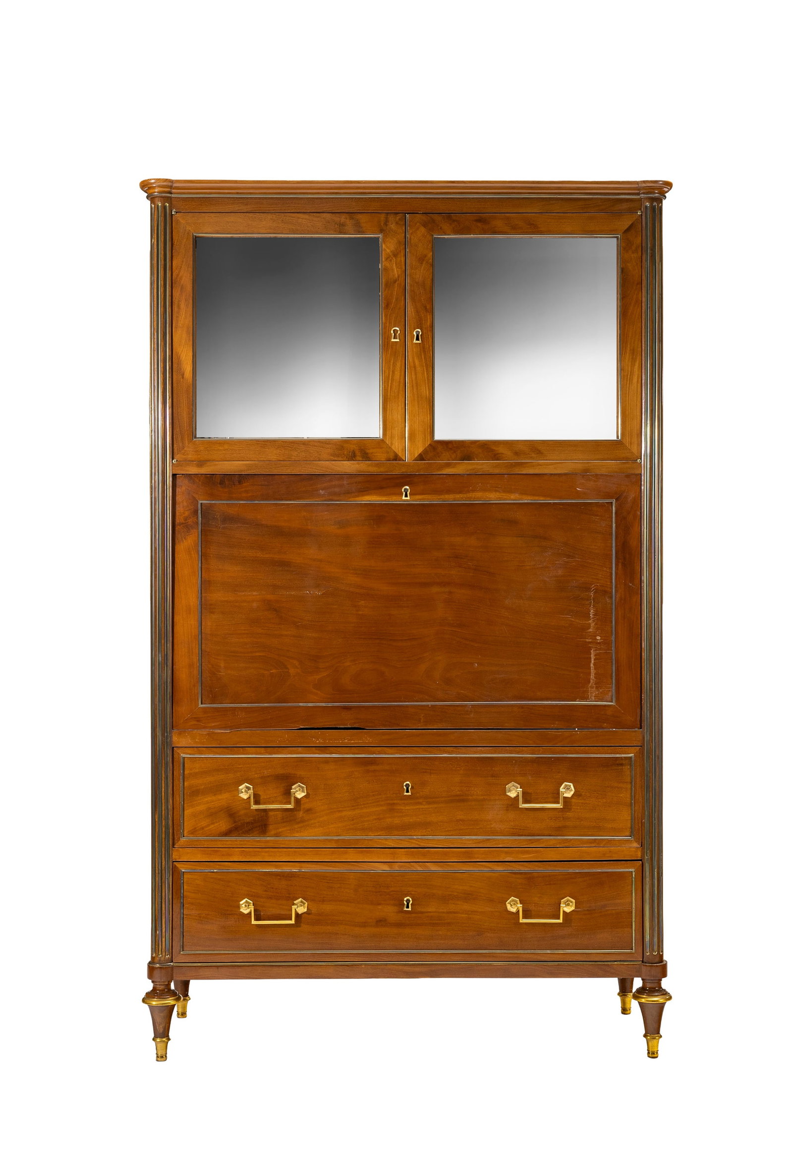 Secrétaire à abattant d'époque Louis XVI, en acajou, placage d'acajou et incrustation: Secrétaire à abattant d'époque Louis XVI, en acajou, placage d'acajou et incrustations de laiton, façade ouvrant par deux vantaux agrémentés de glaces, deux tiroirs et