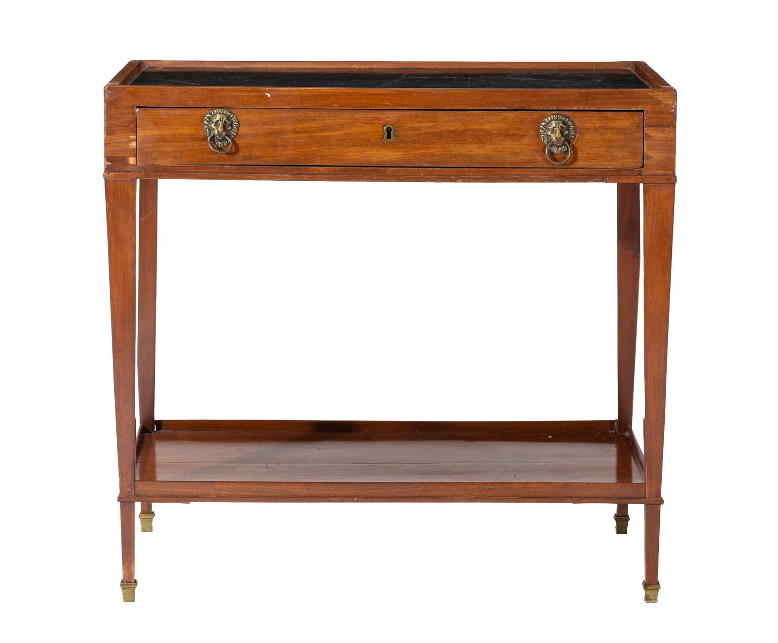 Petite desserte, fin d'époque Louis XVI, en acajou et placage d'acajou, plateau en marbre noir,: Petite desserte, fin d'époque Louis XVI, en acajou et placage d'acajou, plateau en marbre noir, pieds en gaine reliés par une tablette d'entretoise, 75x81x46 cm Condition plateau en marbre