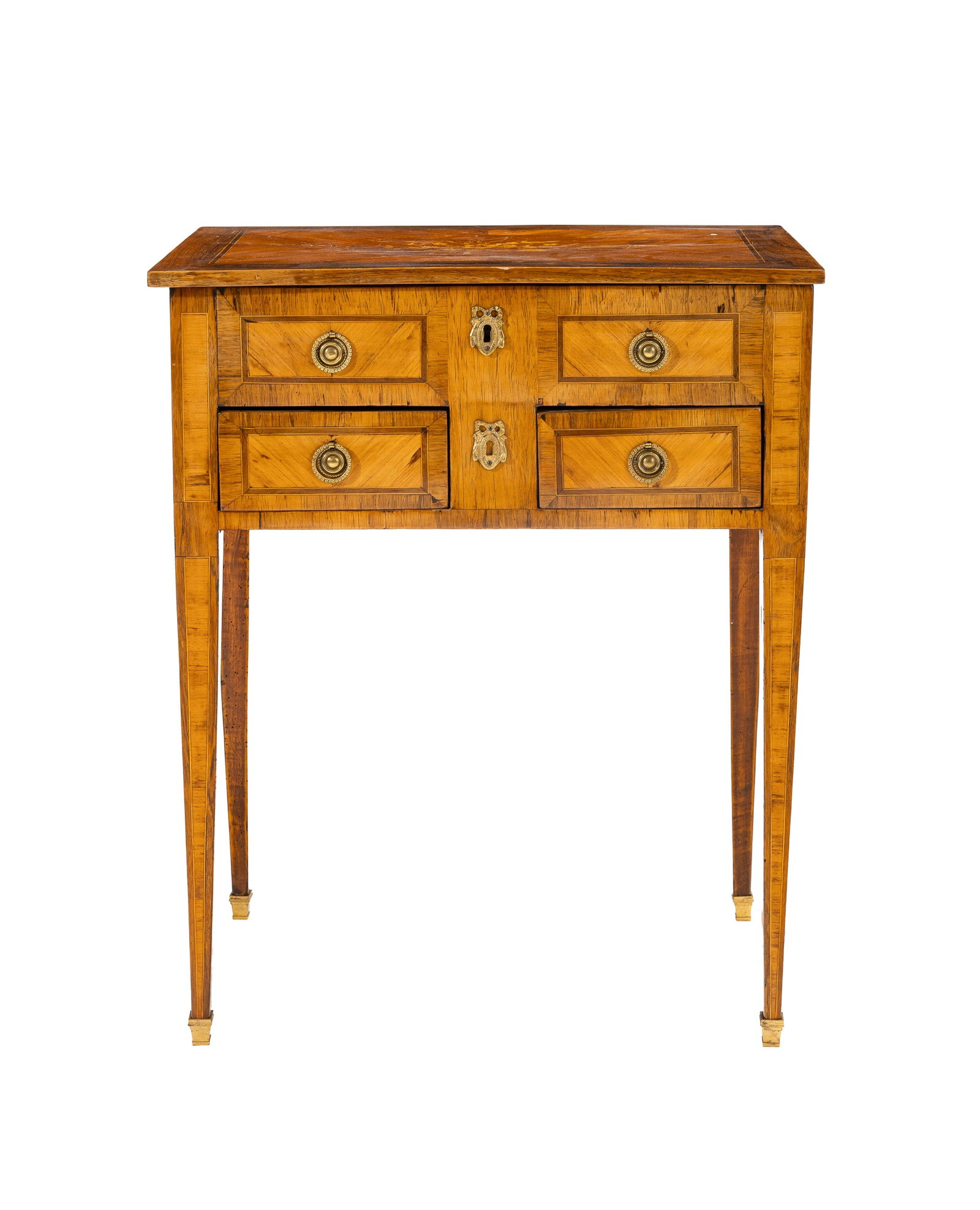 Coiffeuse, début XIXe s., en placage de bois de rose, bois de violette et marqueterie de fleurs: Coiffeuse, début XIXe s., en placage de bois de rose, bois de violette et marqueterie de fleurs, ouvrant par un plateau démasquant une glace et deux tiroirs en façade, pieds en gaine,