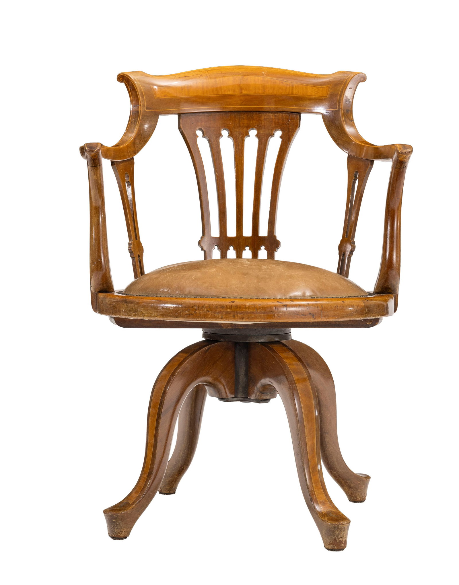 Fauteuil de bureau, Angleterre, fin XIXe s., en acajou, placage d'acajou et filets de marqueterie, a: Fauteuil de bureau, Angleterre, fin XIXe s., en acajou, placage d'acajou et filets de marqueterie, assise en cuir brun, reposant sur quatre pieds Condition présence de marques de coups griffures