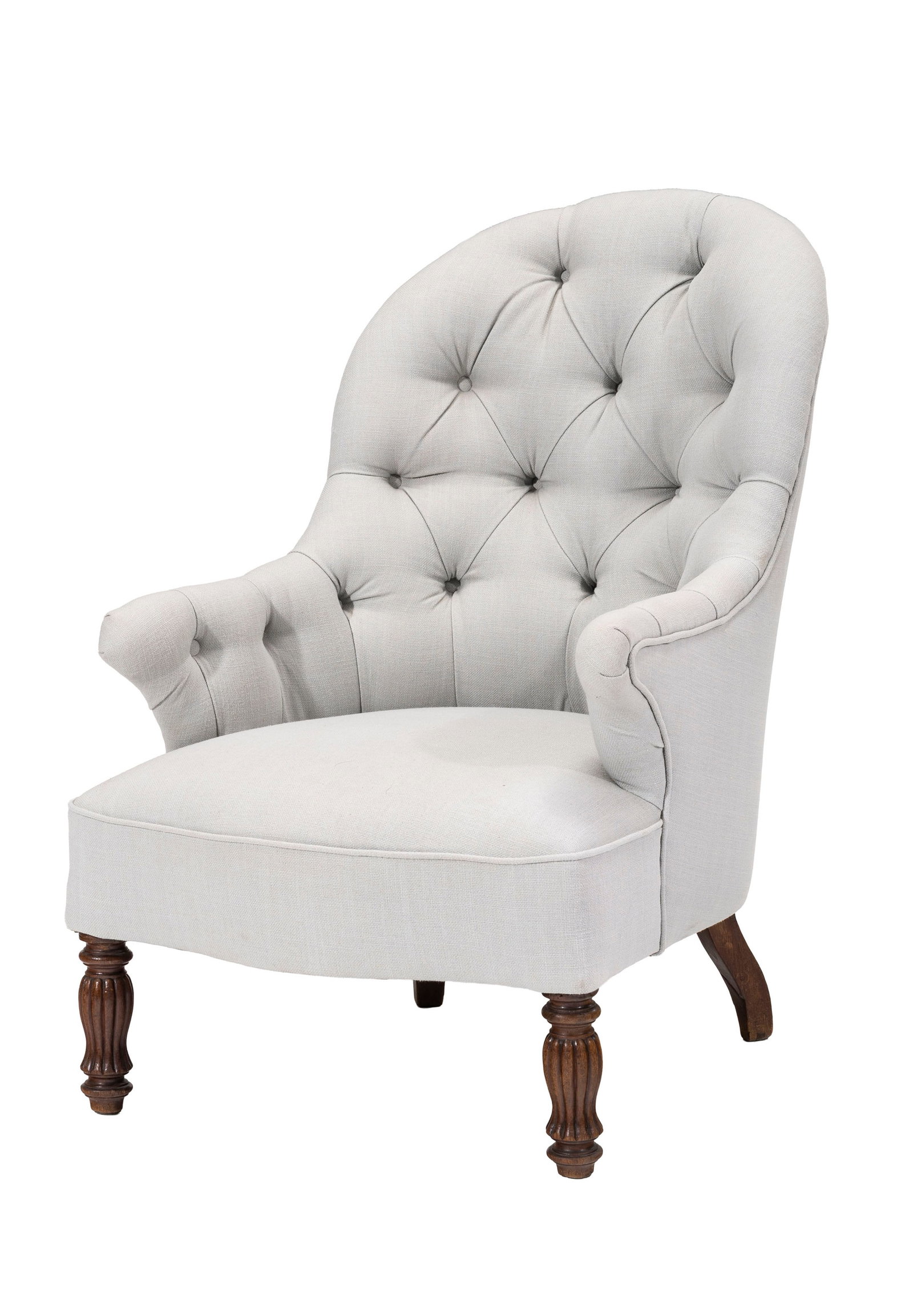 Fauteuil crapaud, début du XXe s., garniture en tissu bleu capitonné, pieds balustres cann: Fauteuil crapaud, début du XXe s., garniture en tissu bleu capitonné, pieds balustres cannelés Condition salissures sur la garniture présence de marques de coups sur les pieds