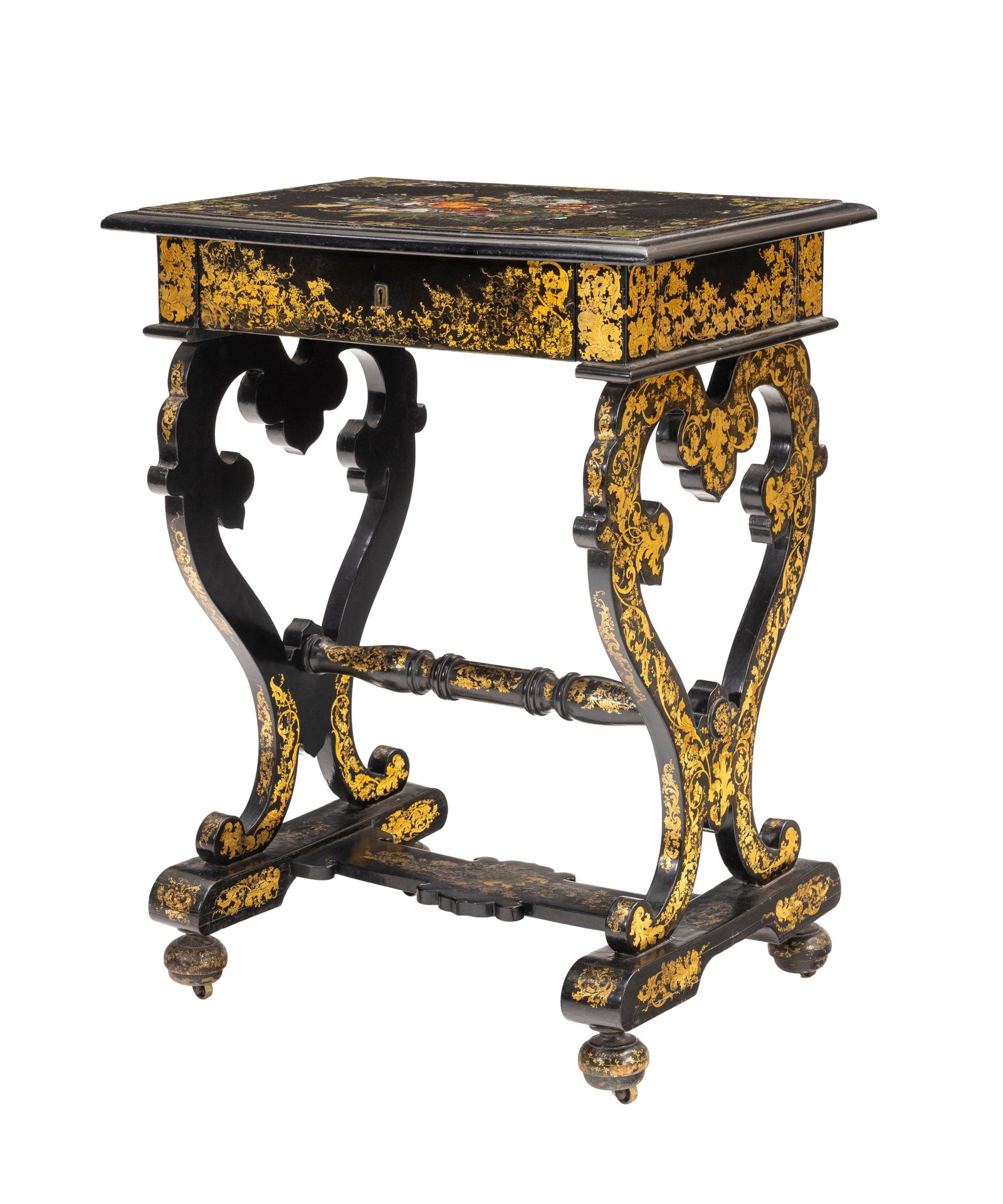Table à ouvrage d'époque Napoléon III, en bois noirci à décor peint et dor&: Table à ouvrage d'époque Napoléon III, en bois noirci à décor peint et doré, ouvrant par un tiroir en façade, montants entretoisés, 78x60x42 cm Condition